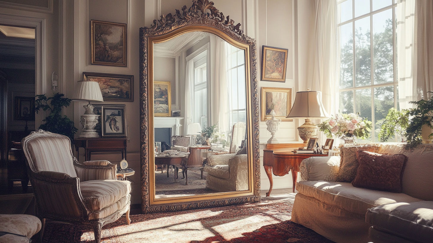 Antique mirror with visible aging and patina on glass surface
