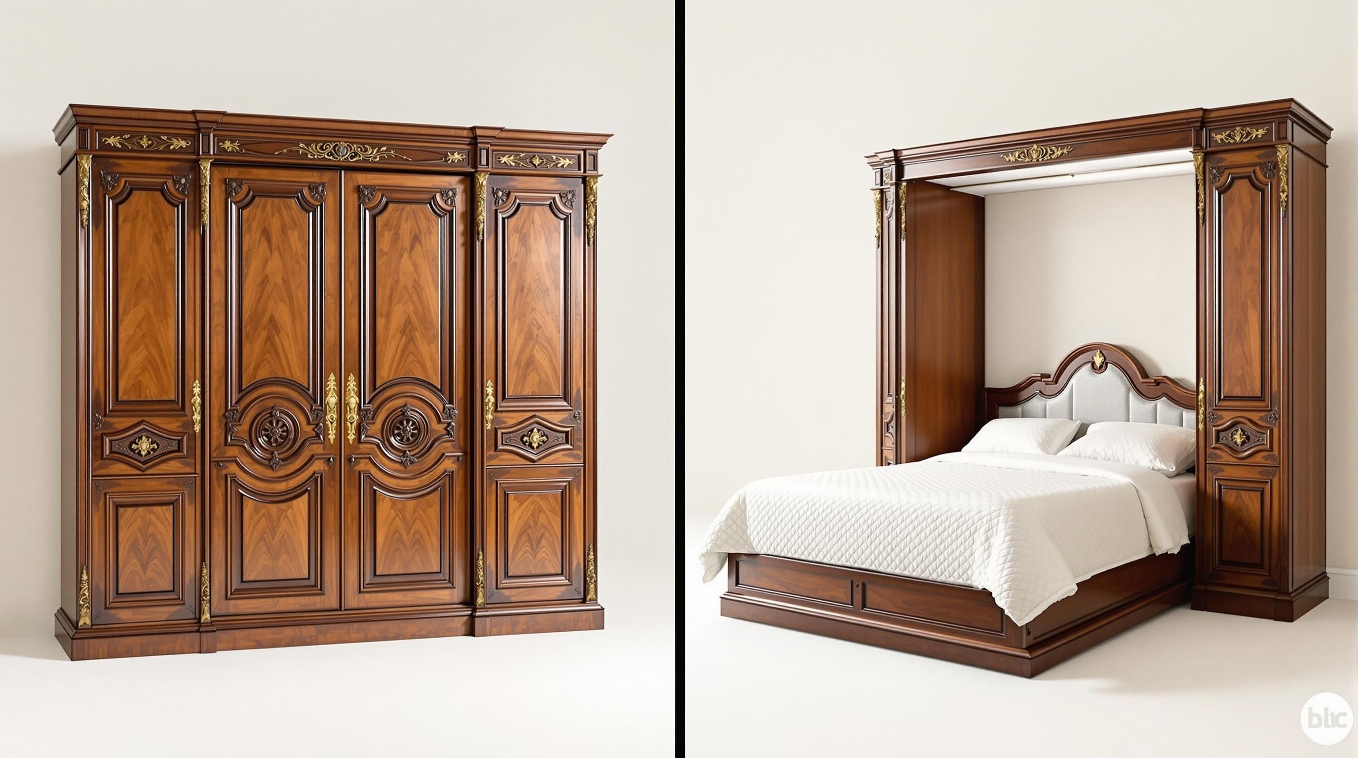 Antique Murphy bed with ornate carving and hardware detail