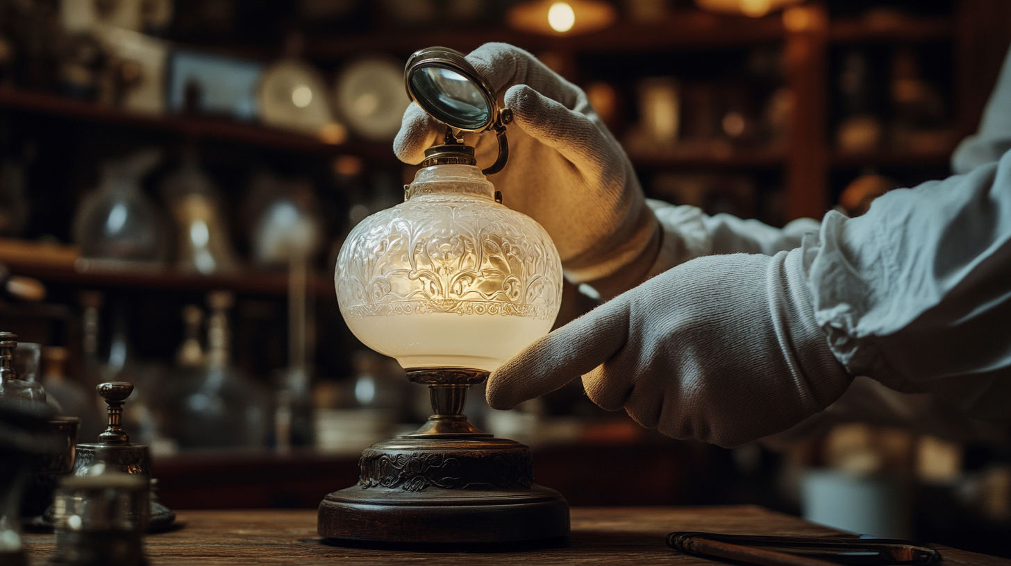 Close-up of maker’s marks and patent details on antique oil lamp burners