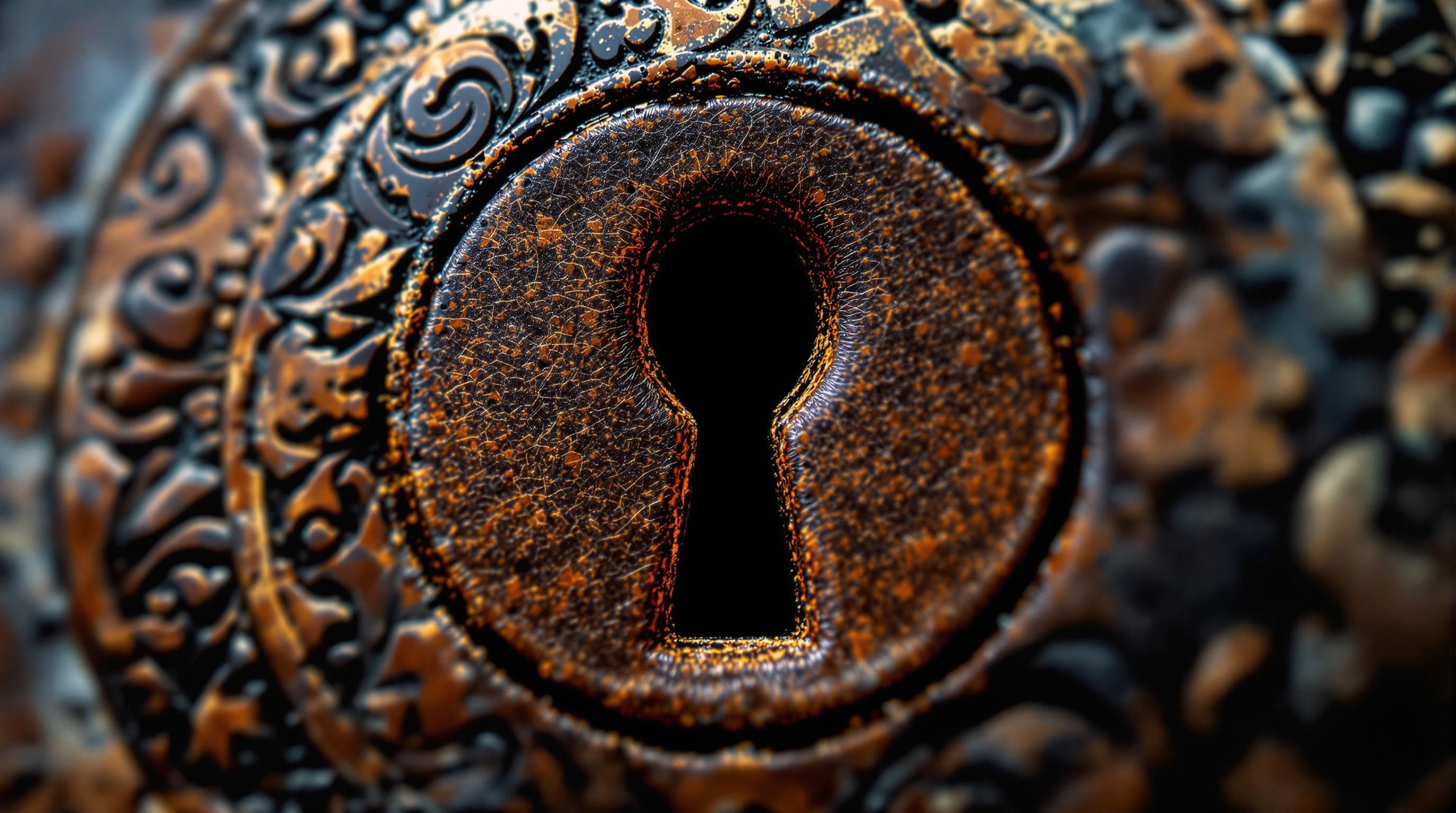 Close-up of antique padlock keyhole showing intricate internal mechanism