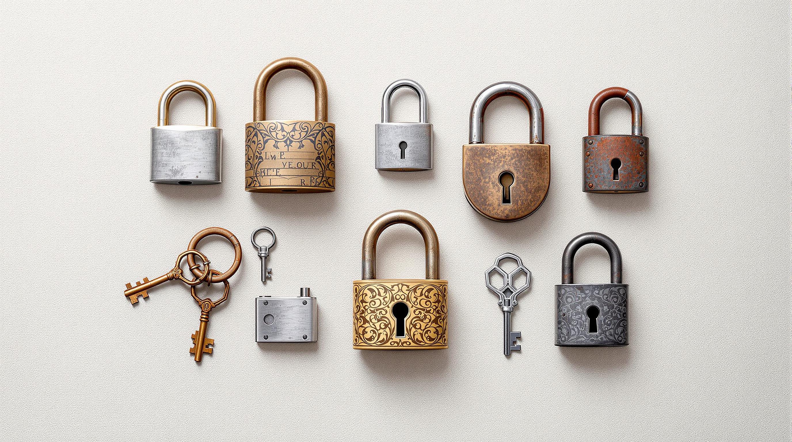 Display of multiple antique padlocks of various ages and designs