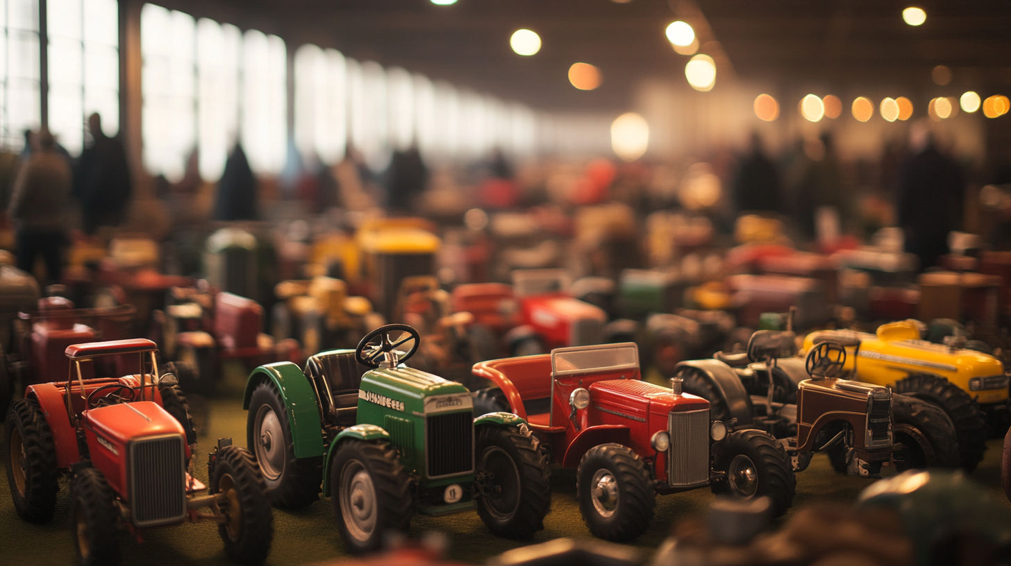 A collection of pedal tractors showing various brands and conditions