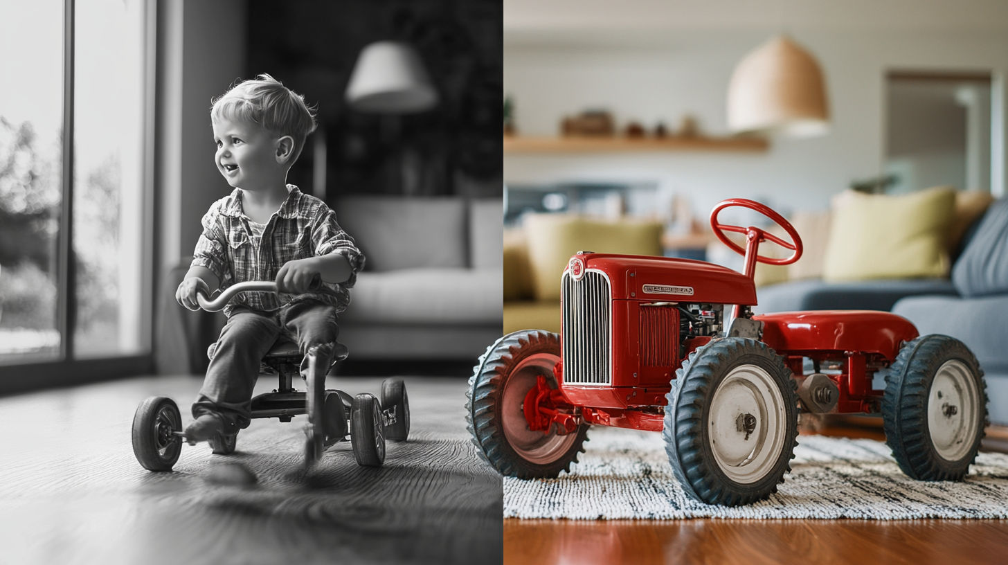 A vintage pedal tractor displayed at an auction or collector’s show