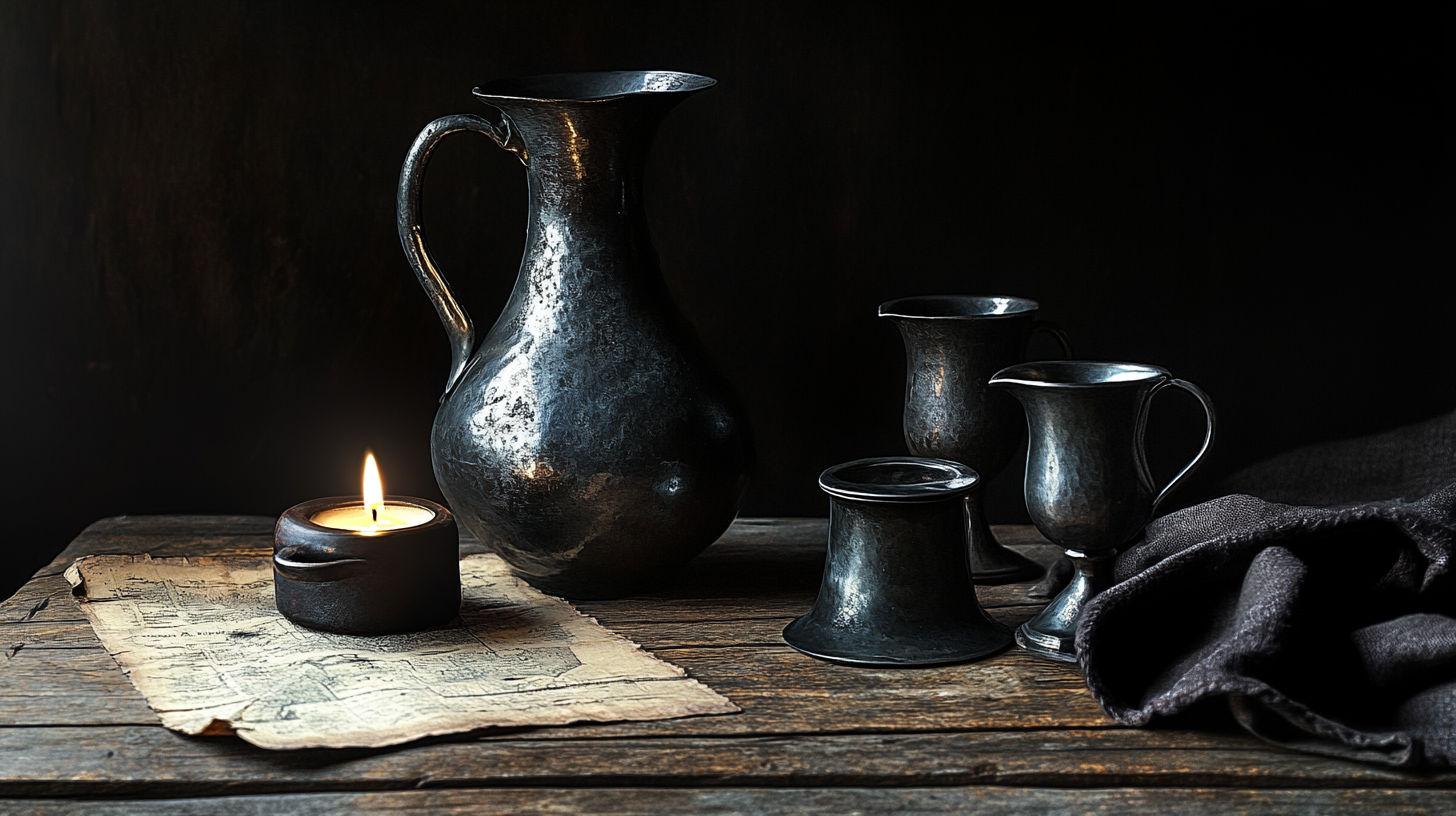 Antique pewter collection displayed for sale