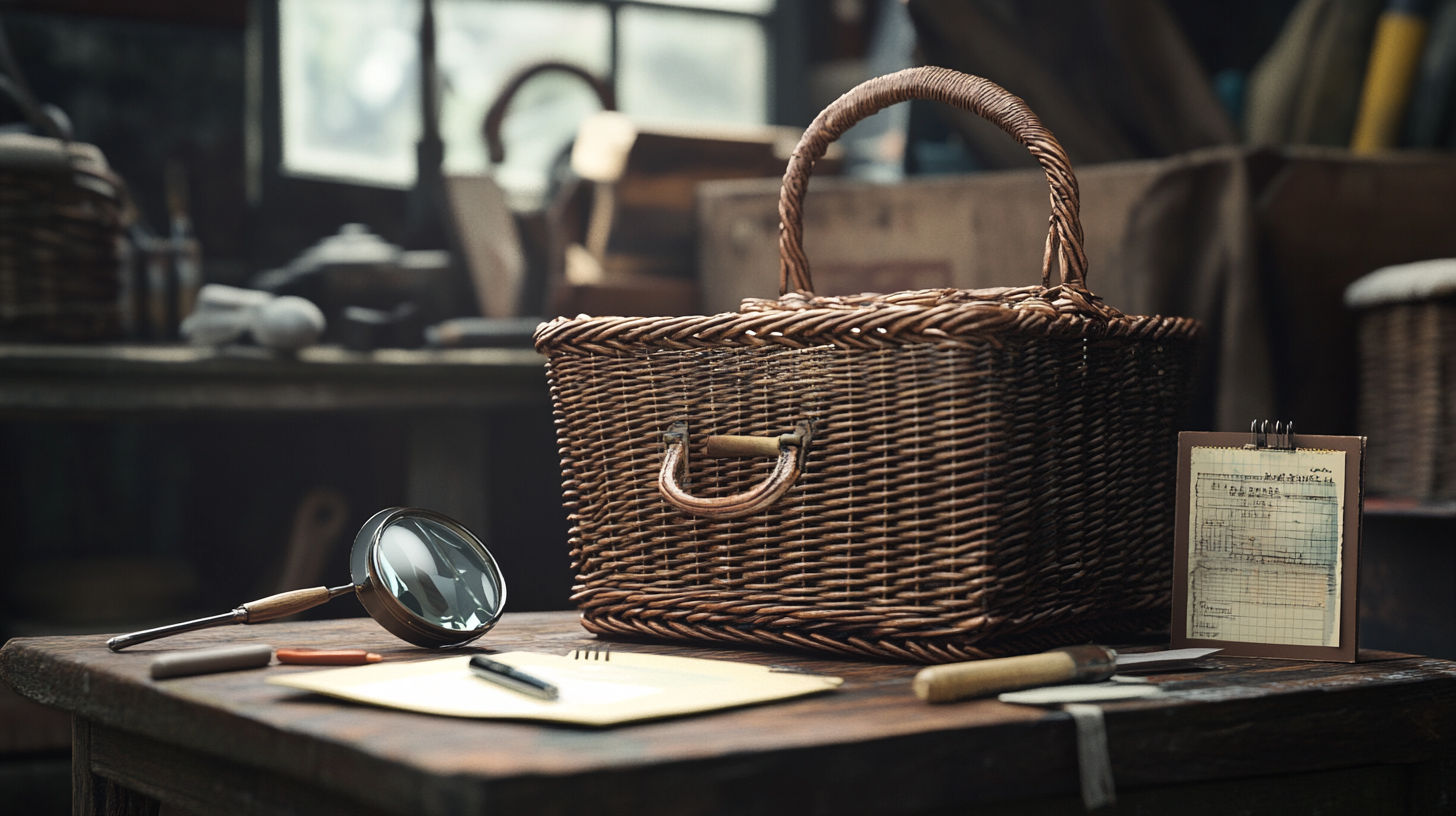 Authentic early 20th century wicker picnic basket with traditional weaving pattern and original fitted compartments