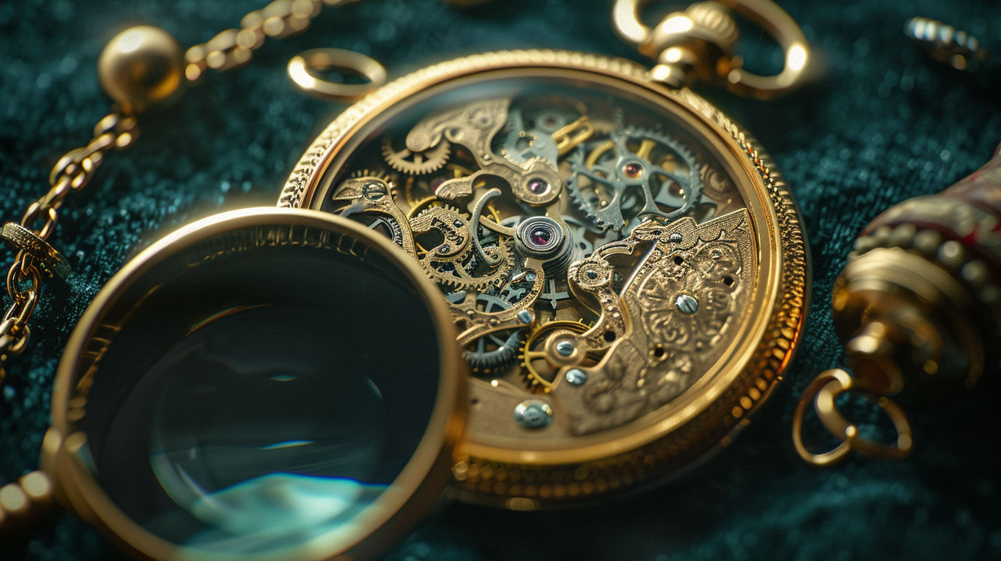 Vintage gold pocket watch with ornate engraving, open case displaying intricate movement mechanism
