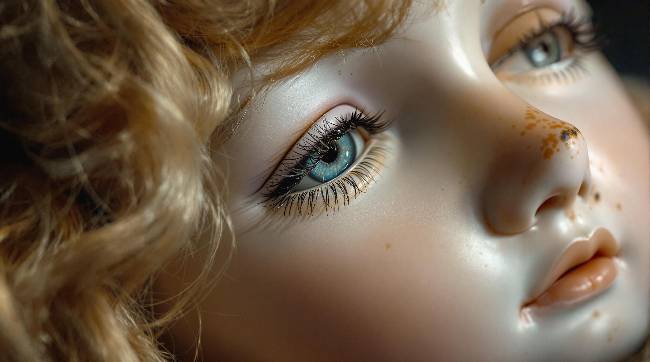 Rare antique porcelain doll with blonde ringlets, hand-painted face and original lace dress
