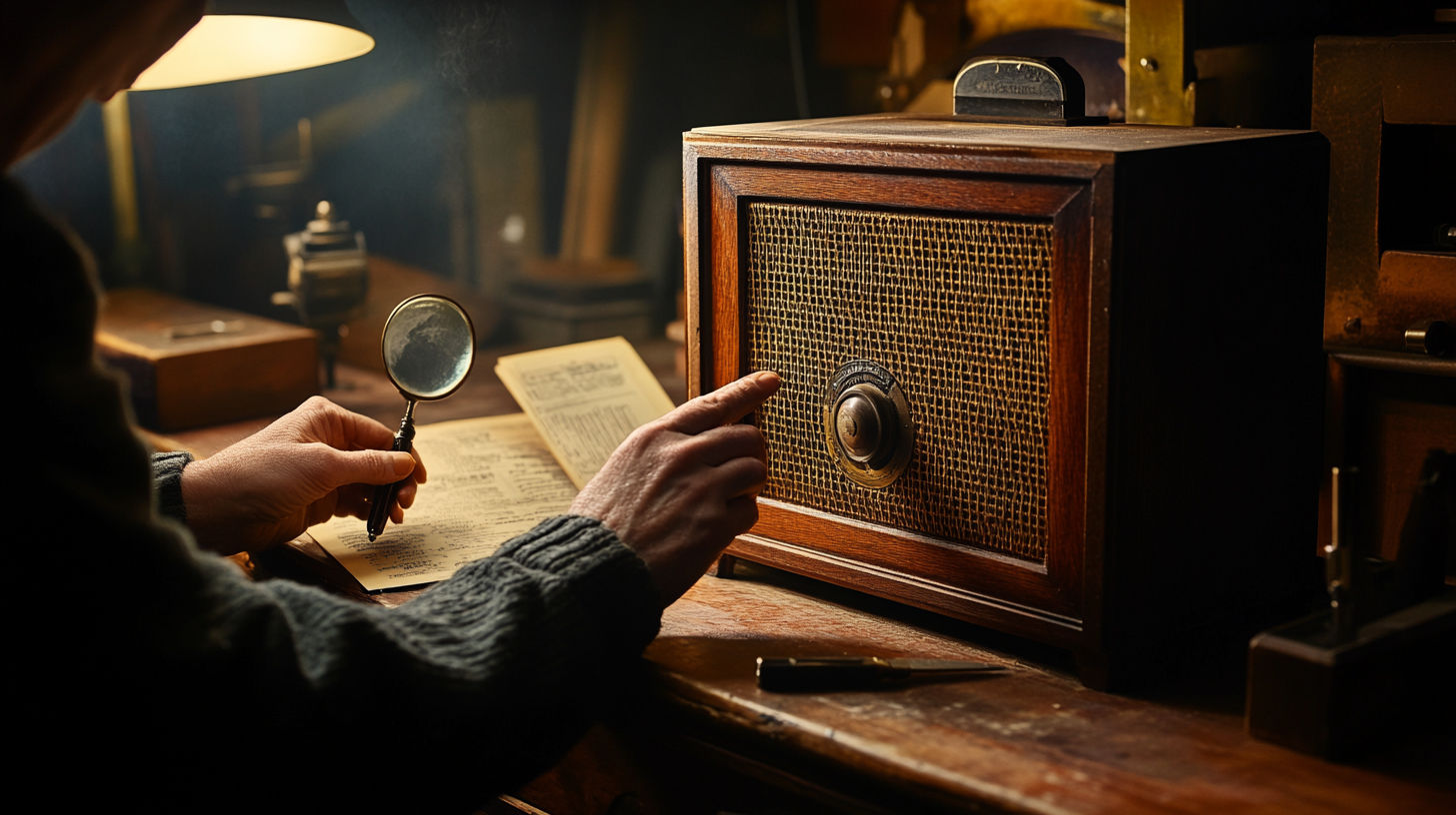 Vintage wooden cabinet antique radio from the 1940s with decorative speaker grill and tuning dial