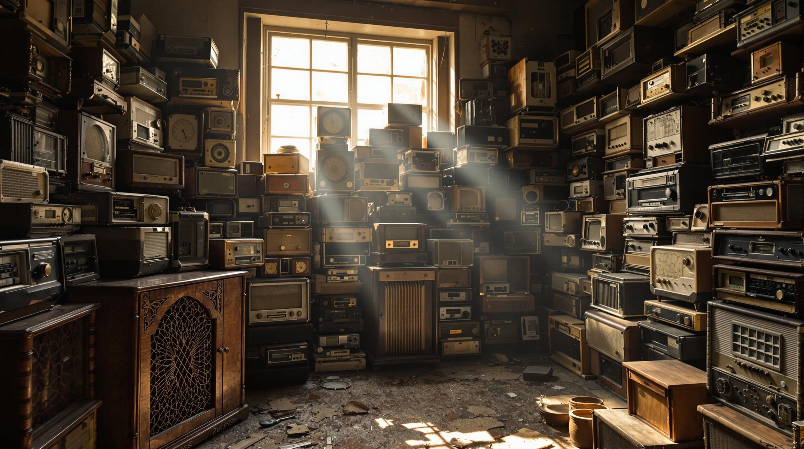 Three different styles of antique radios from various eras displayed together
