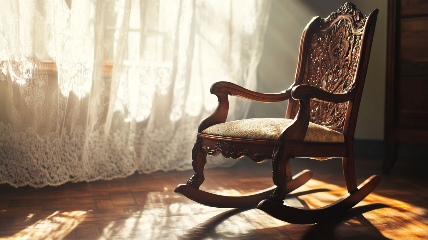 Victorian-era antique bentwood rocking chair with ornate carvings and original upholstery