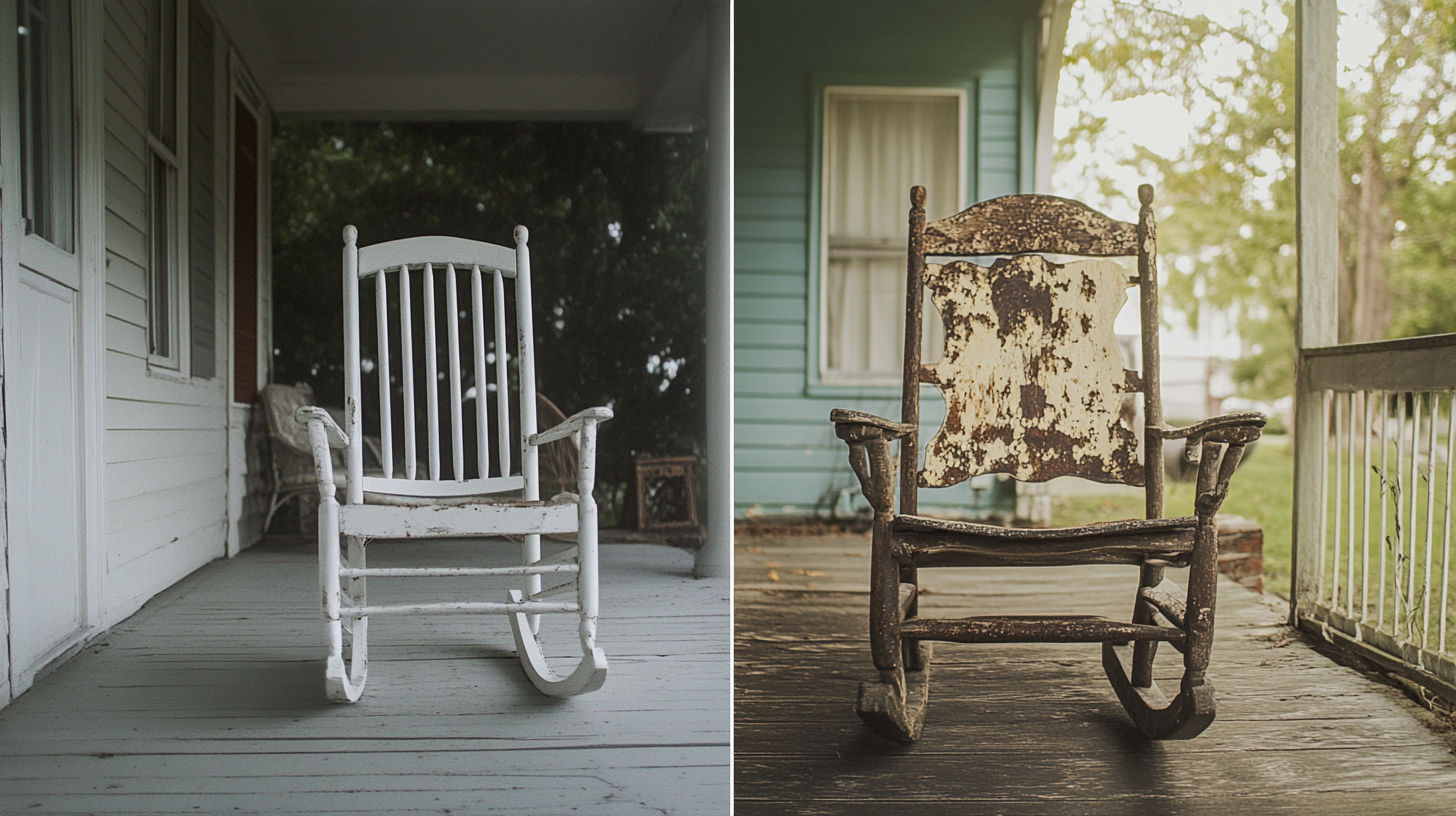 Antique Arts & Crafts rocking chair with original finish and leather upholstery