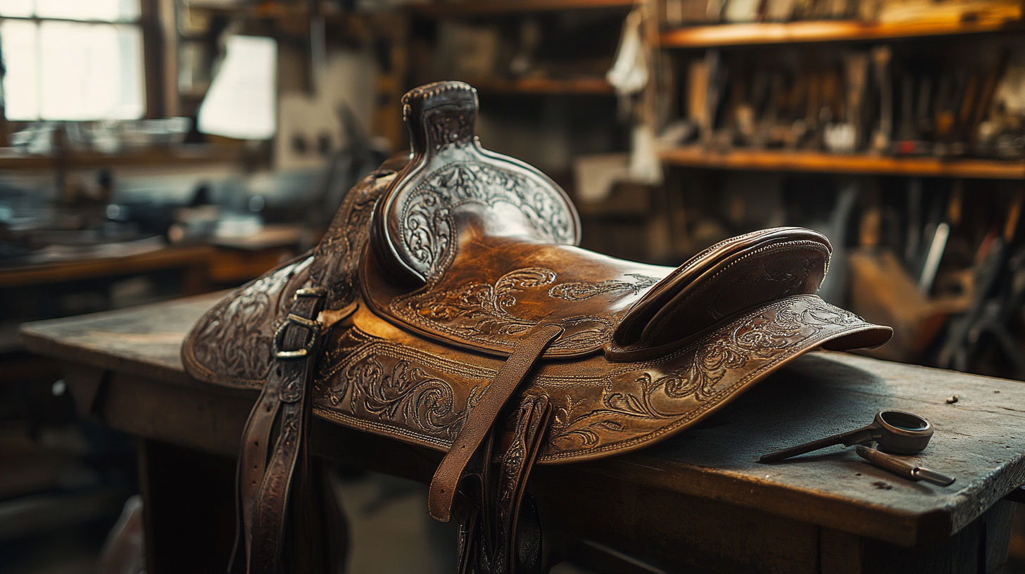 Vintage Western saddle with intricate leather tooling and decorative silver conchos
