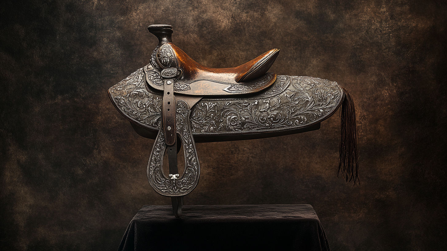 Antique sidesaddle with intricate tooling and velvet seat