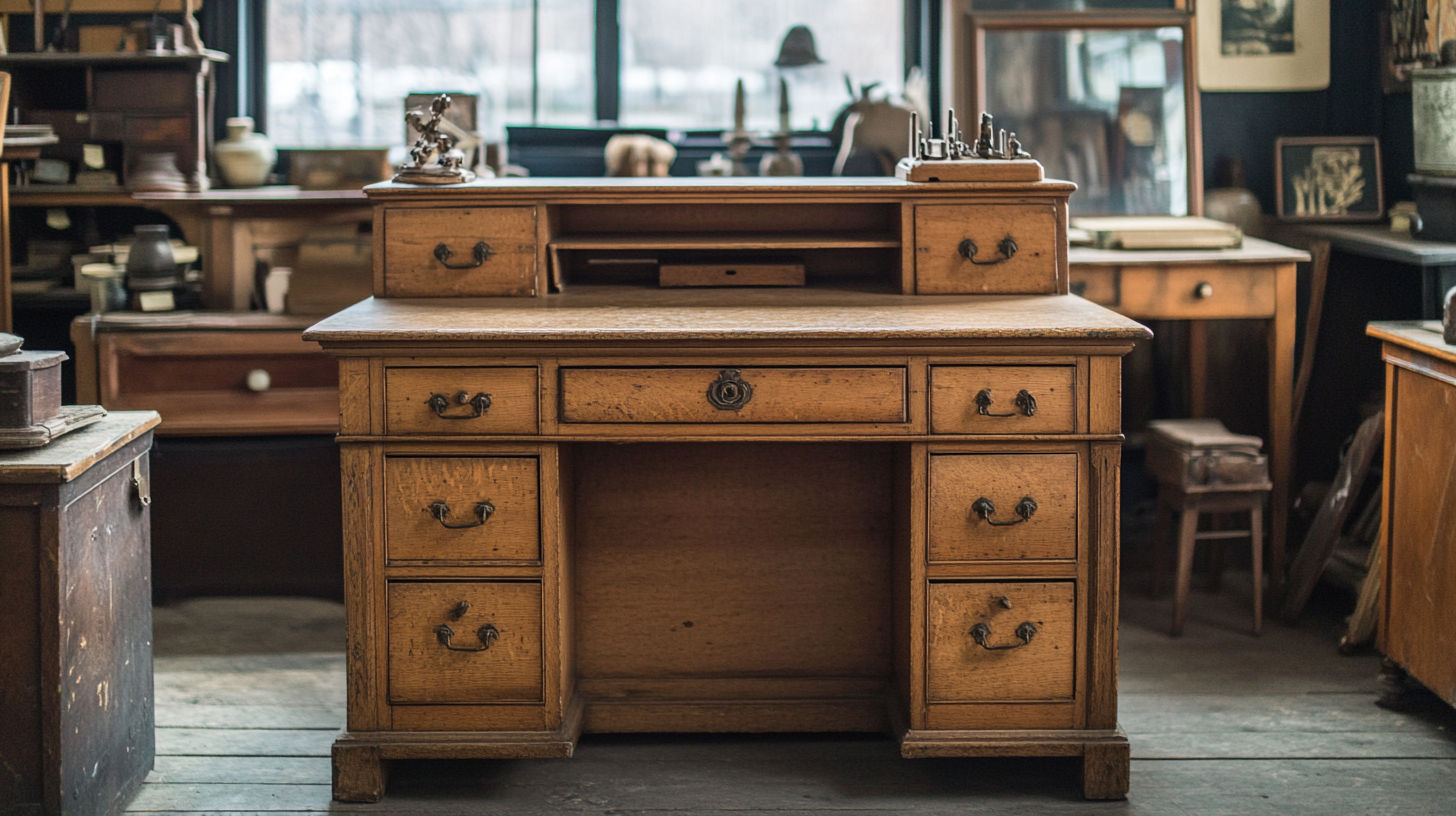 Victorian antique secretary desk with drop-front writing surface, bookcase top and original hardware