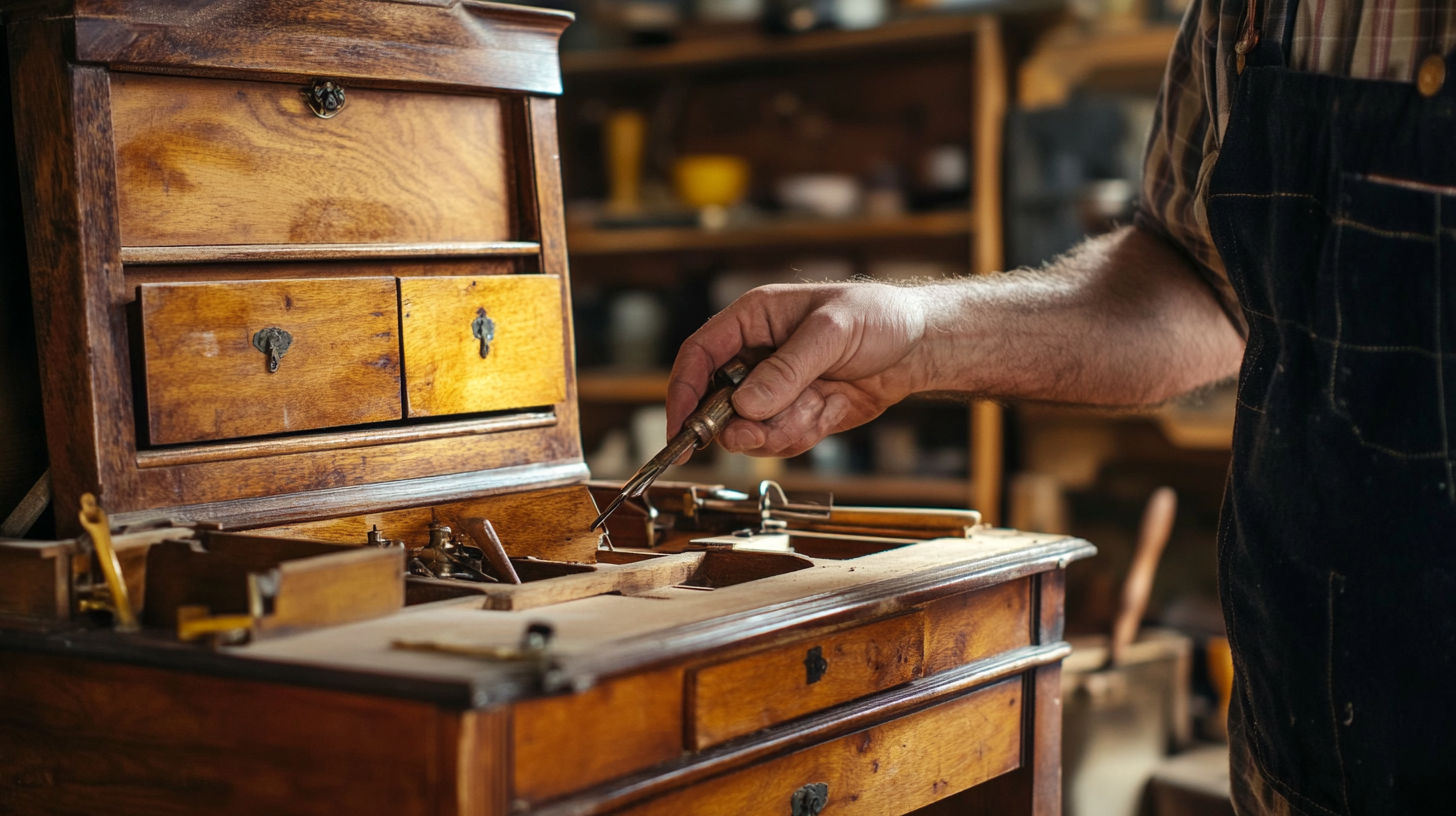 Detailed image of antique secretary desk showing drop-front mechanism and interior organization