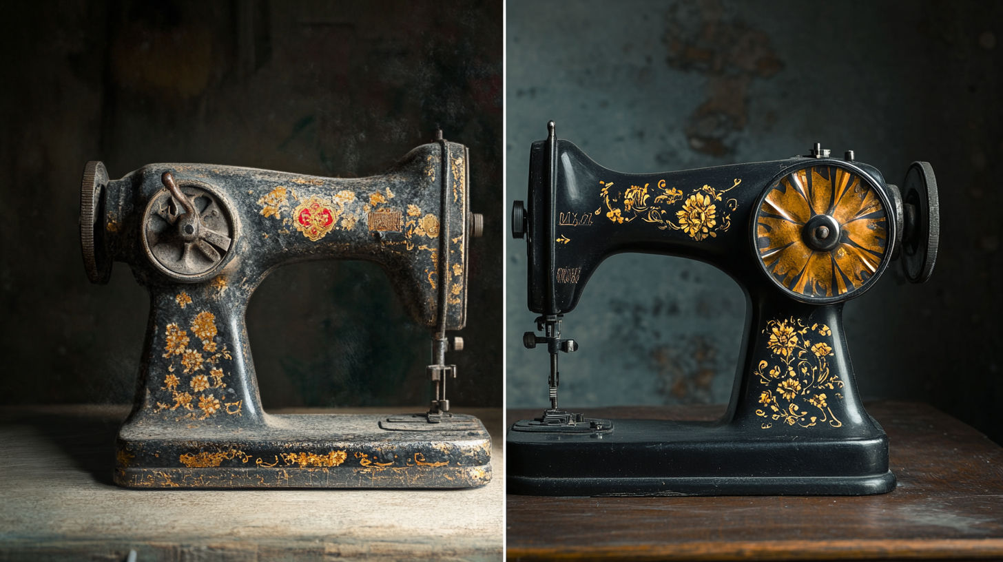 Close-up of ornate decals on a vintage White Rotary sewing machine