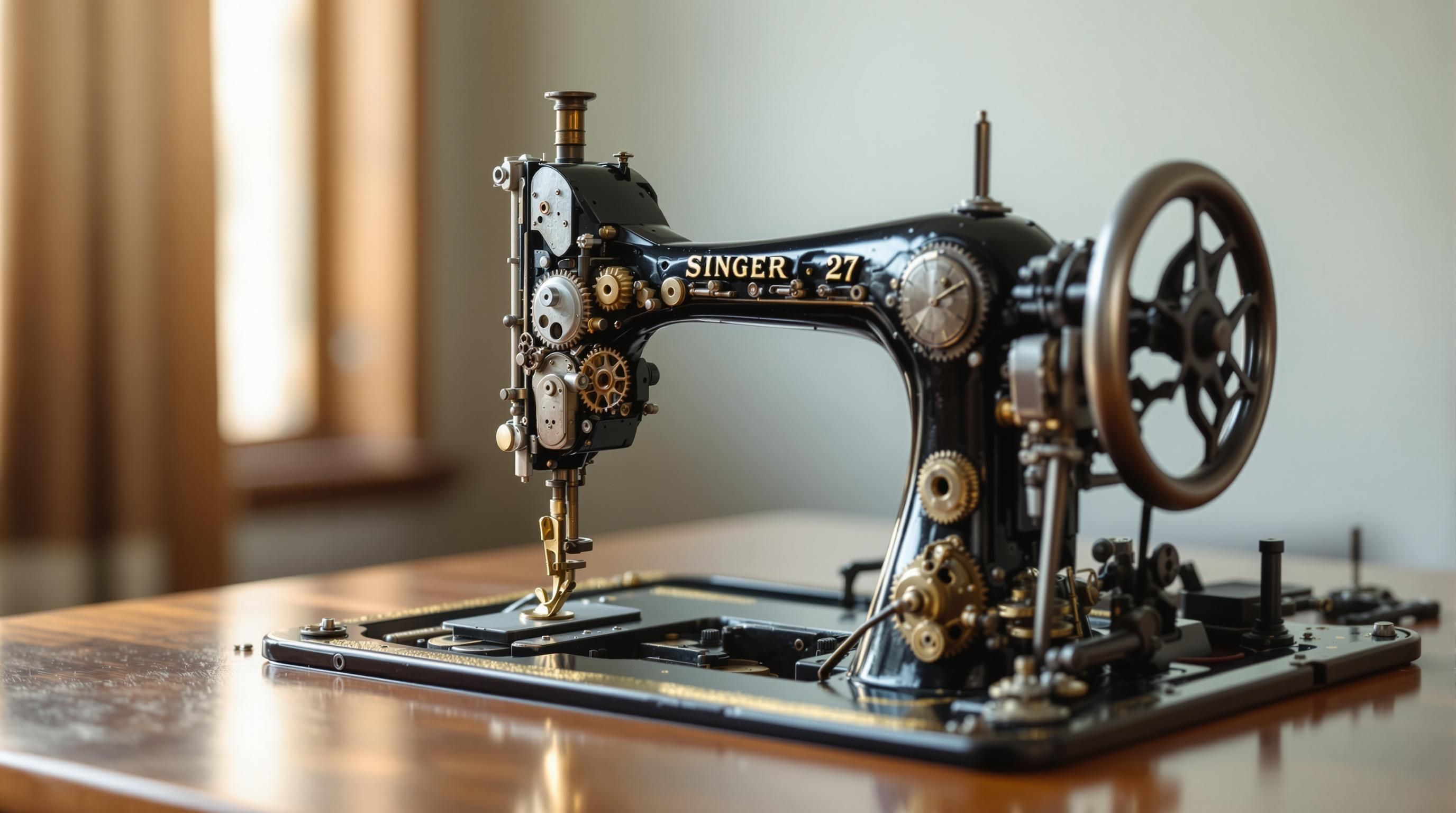 Ornate antique Singer sewing machine with intricate black and gold decorative cast iron base