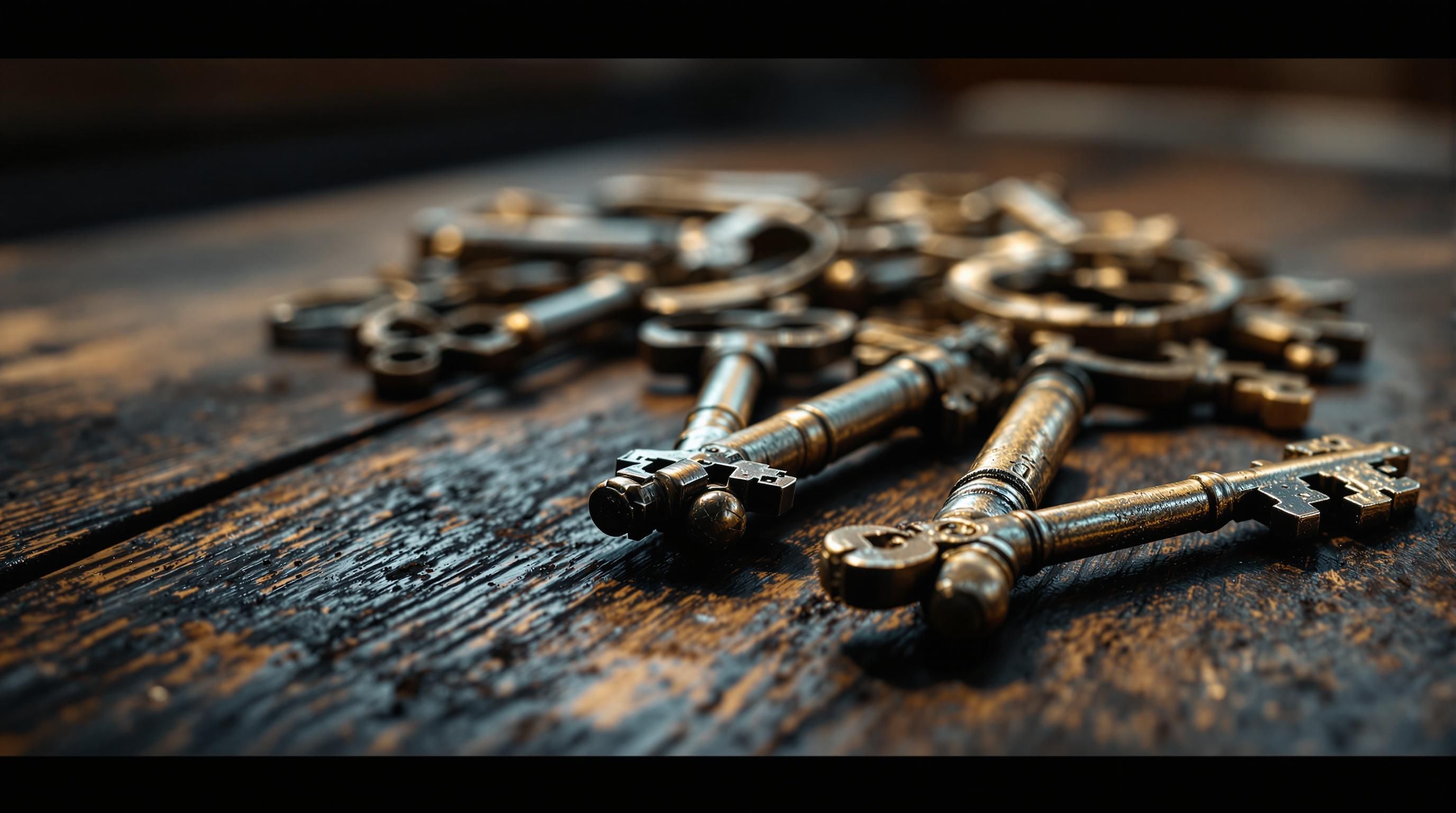 Vintage collection of antique skeleton keys showing diverse bow designs, shaft patterns and historical manufacturing periods