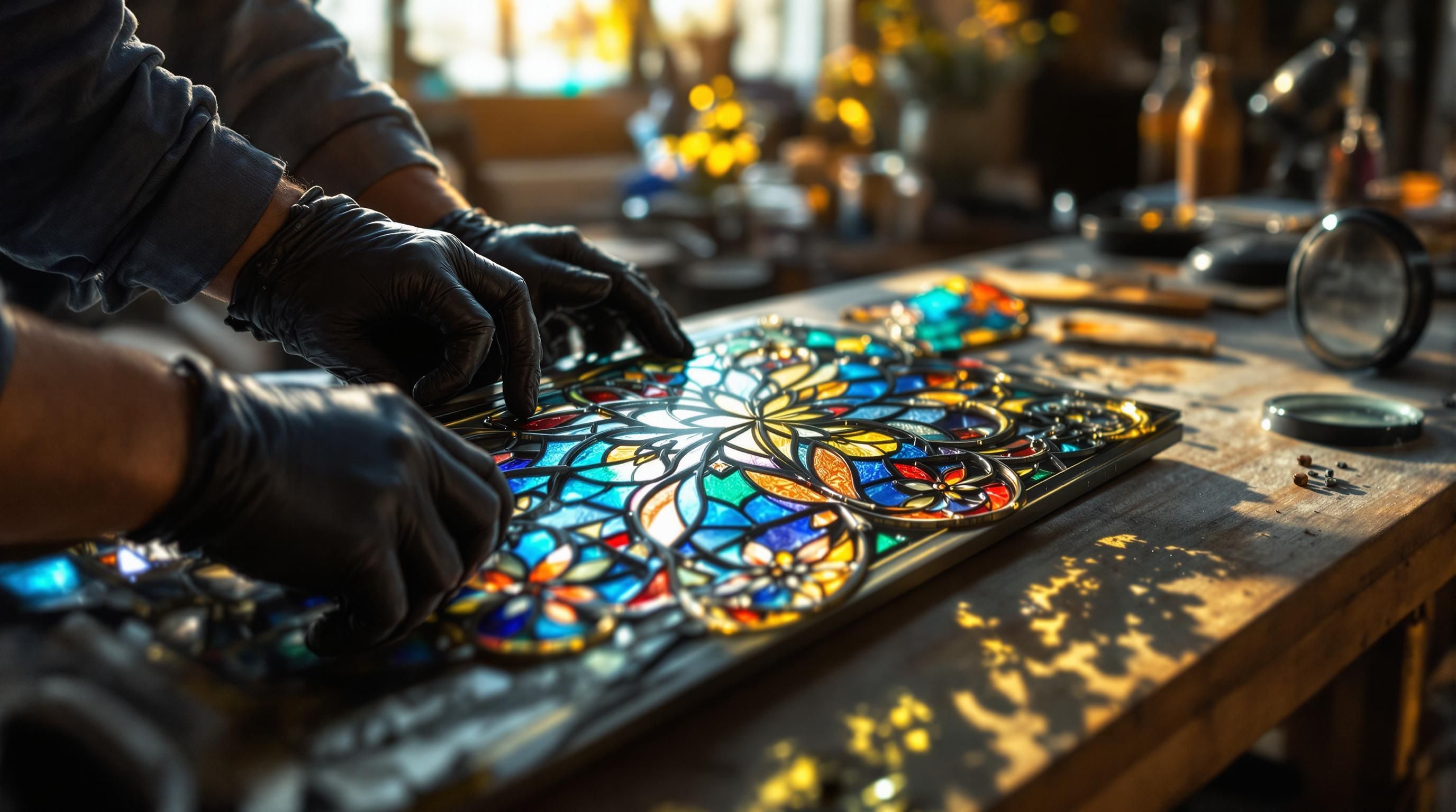 Ornate antique stained glass window with jeweled elements and vibrant colors showcasing period craftsmanship