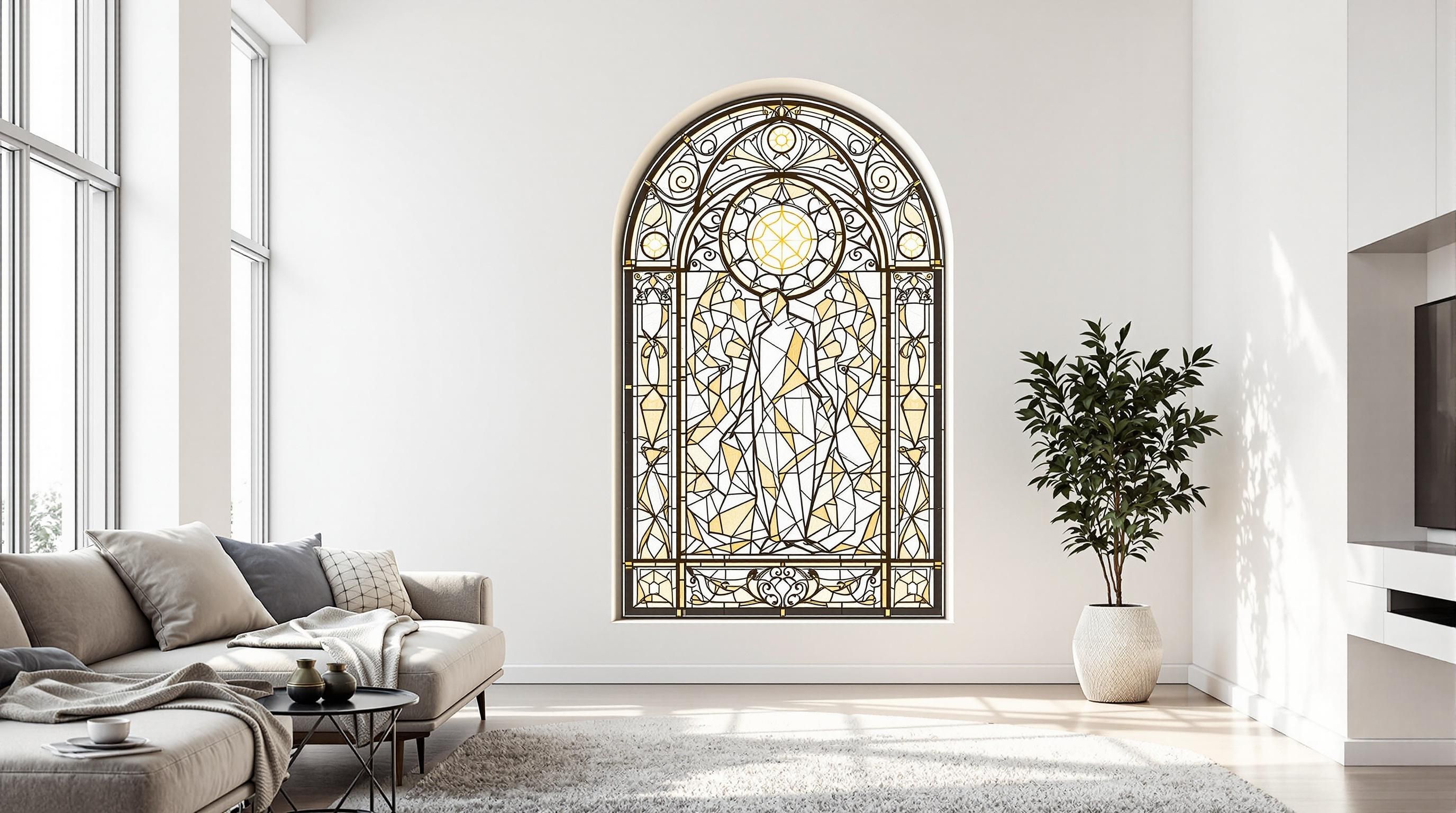 Close-up of an antique stained glass window showing signature and craftsmanship details