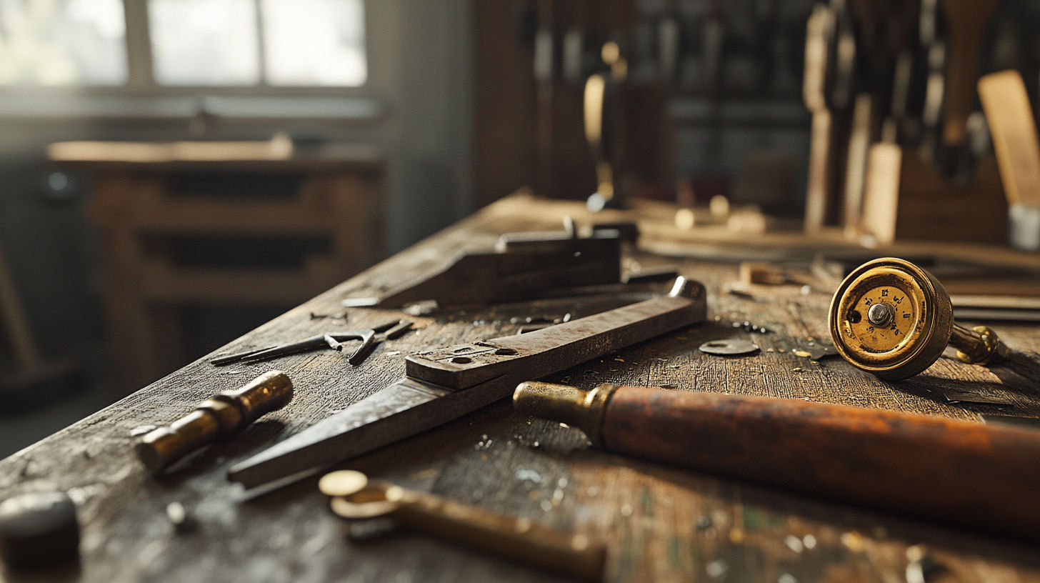 Collection of various antique carpentry and woodworking tools including planes, saws, and measuring devices