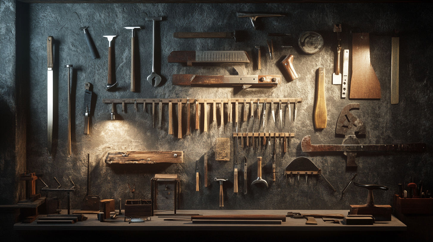 Various antique woodworking and measurement tools laid out on a wooden workbench