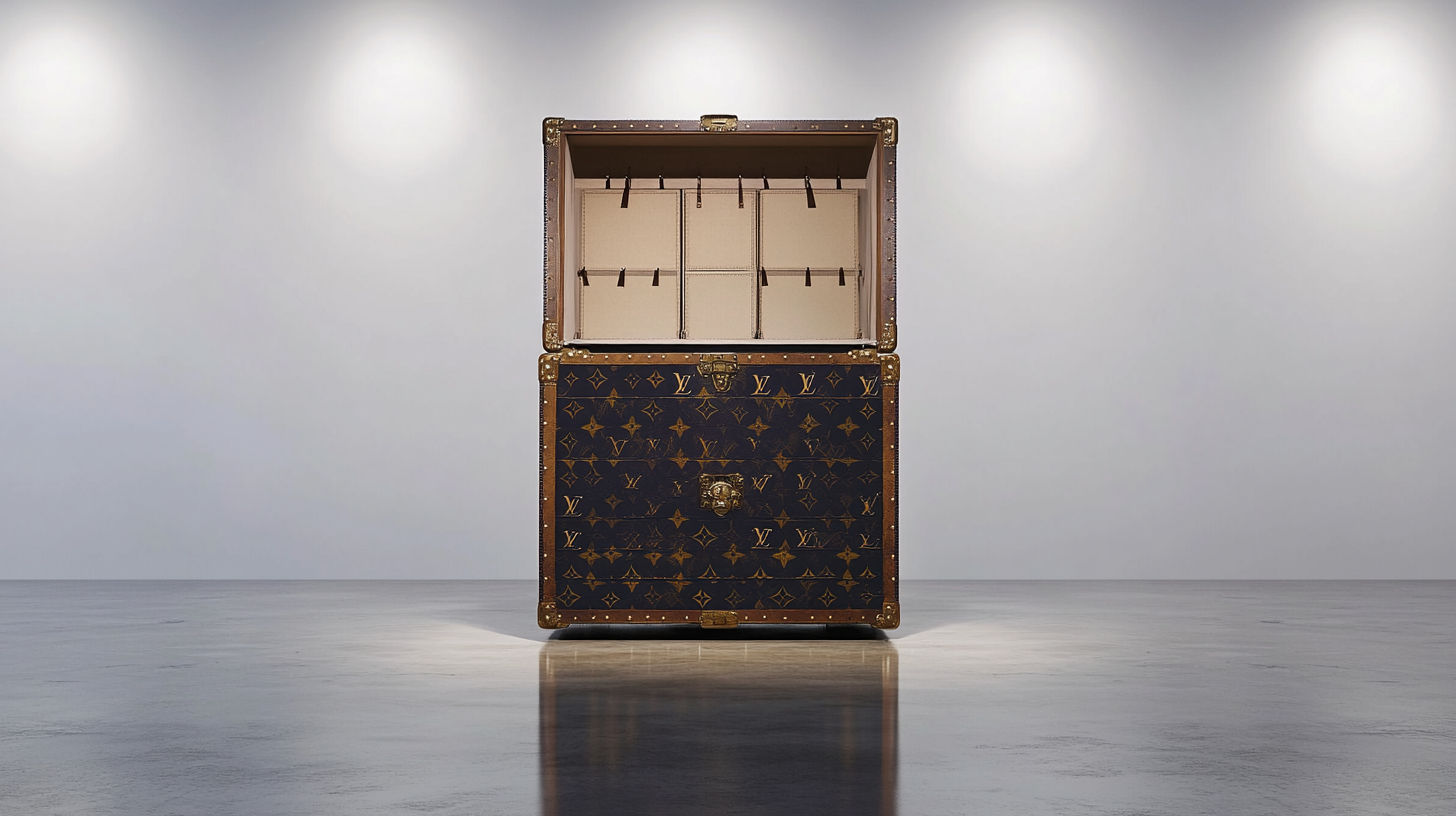 Detailed view of a camel back dome top antique trunk with metal hardware
