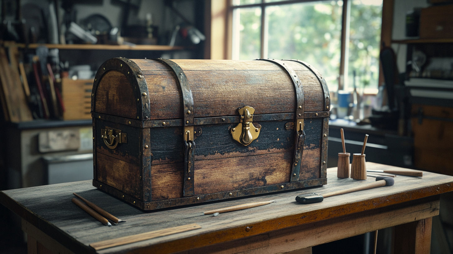 Various styles of antique trunks including flat top, dome top, and steamer designs
