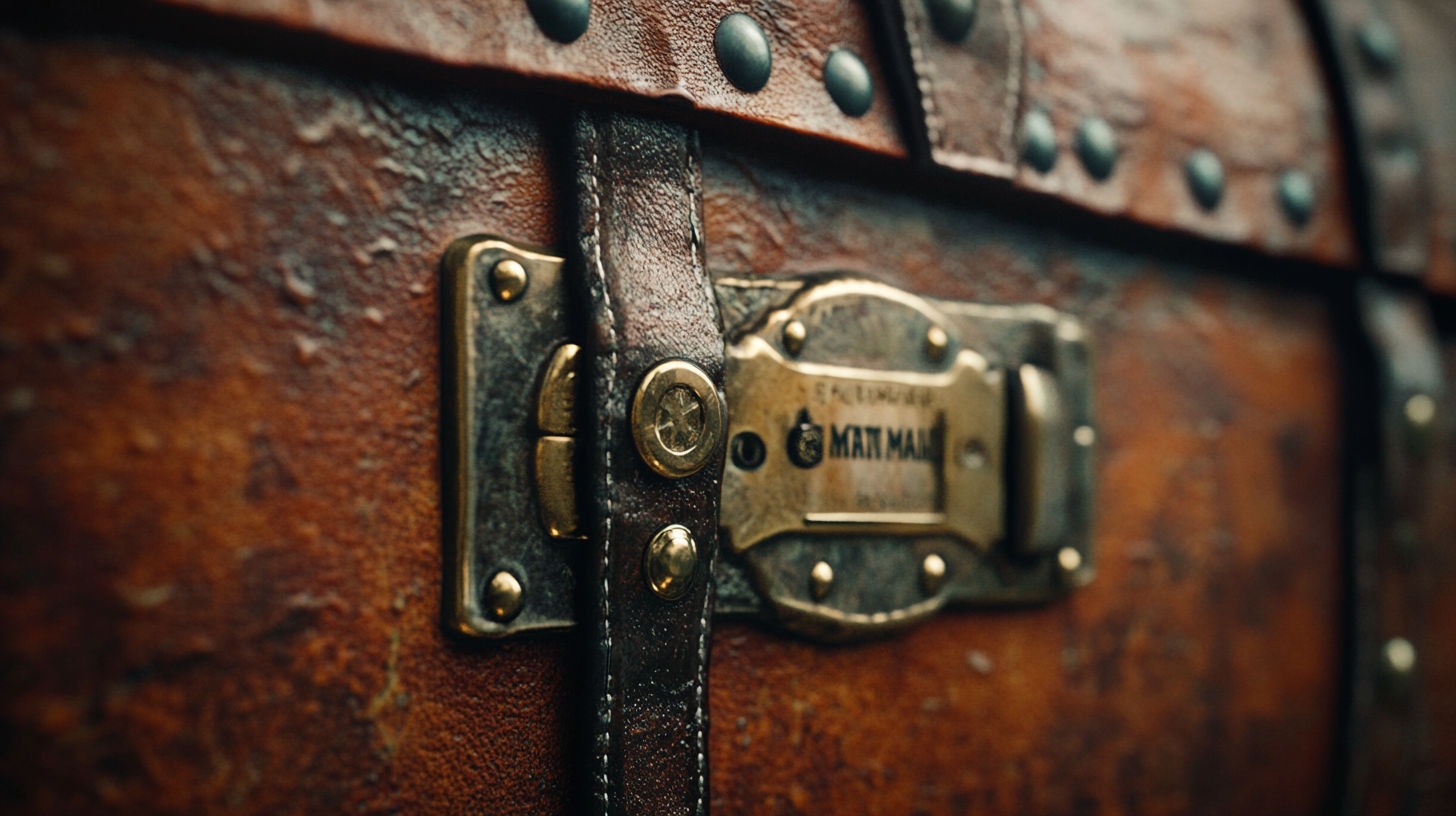Close-up view of a Louis Vuitton trunk label and monogrammed canvas pattern