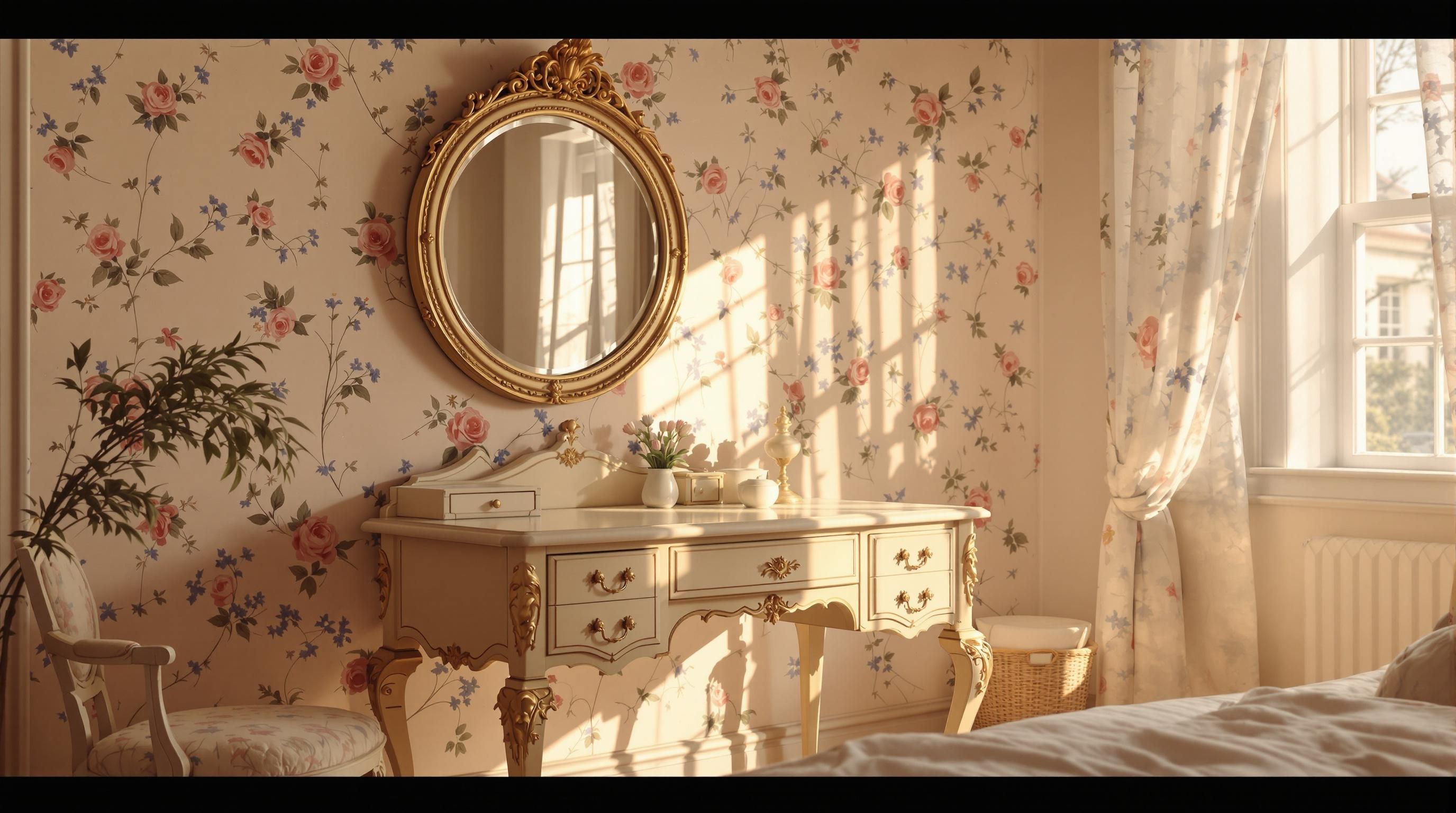 Victorian-style ornate antique vanity with carved details and round mirror