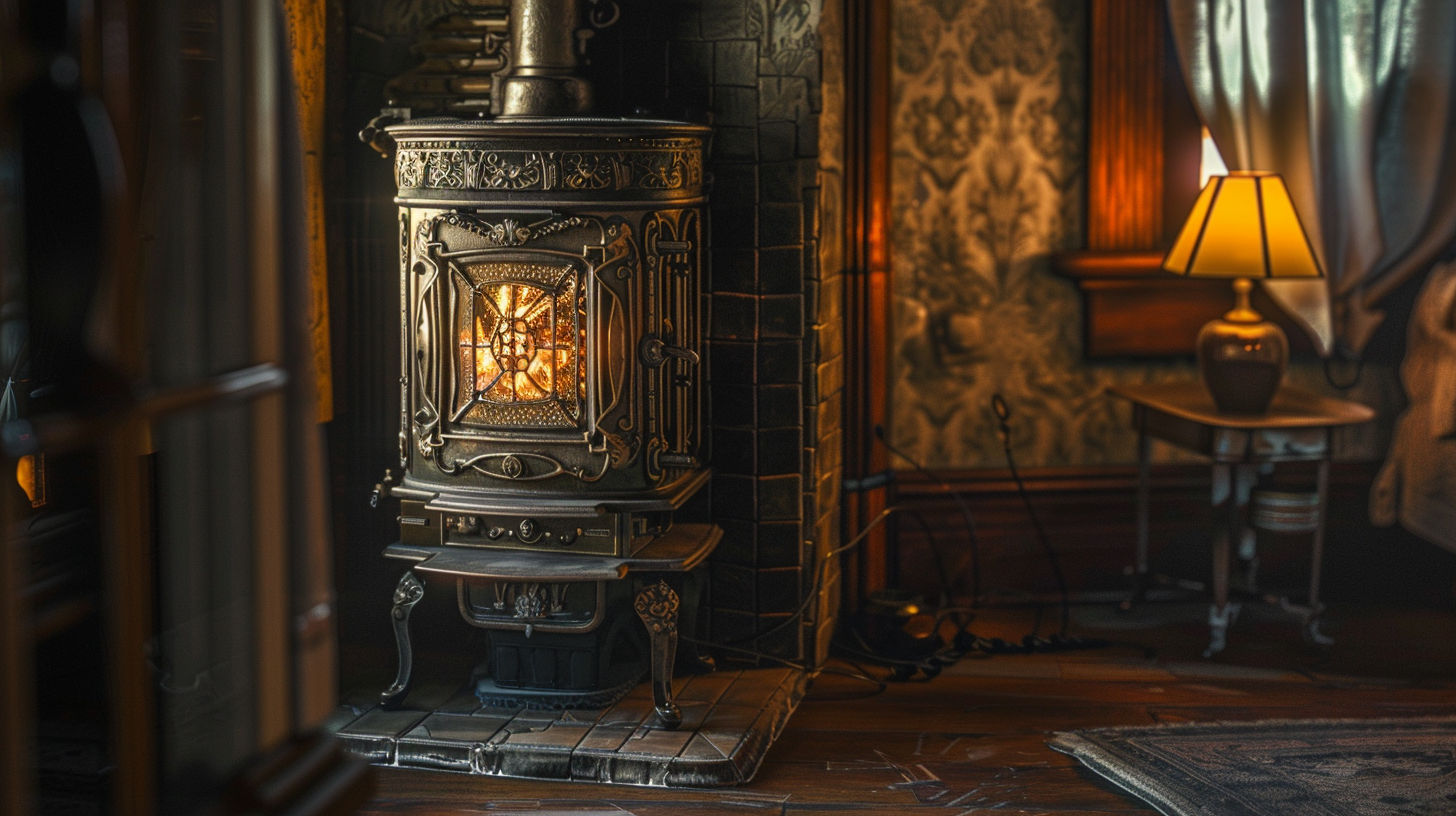 Close-up of manufacturer mark on an antique wood stove