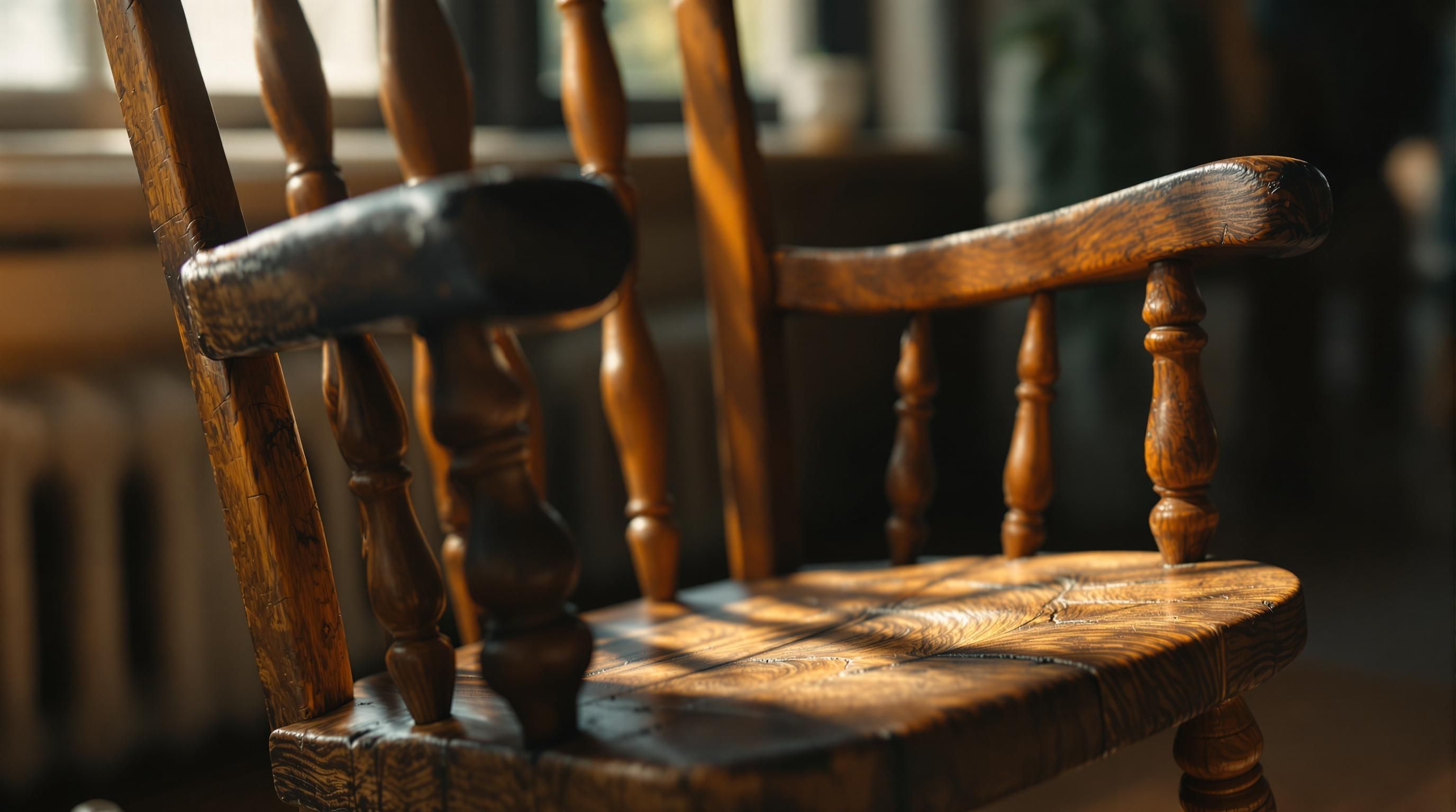 Victorian-era wooden rocking chair with ornate spindle back and curved runners showing patina of age