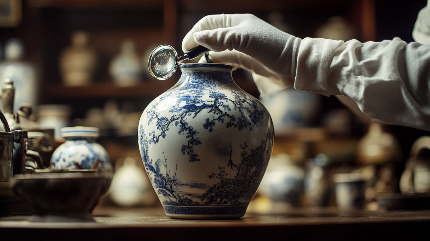 Antique appraiser examining the details of a vintage item with specialized tools