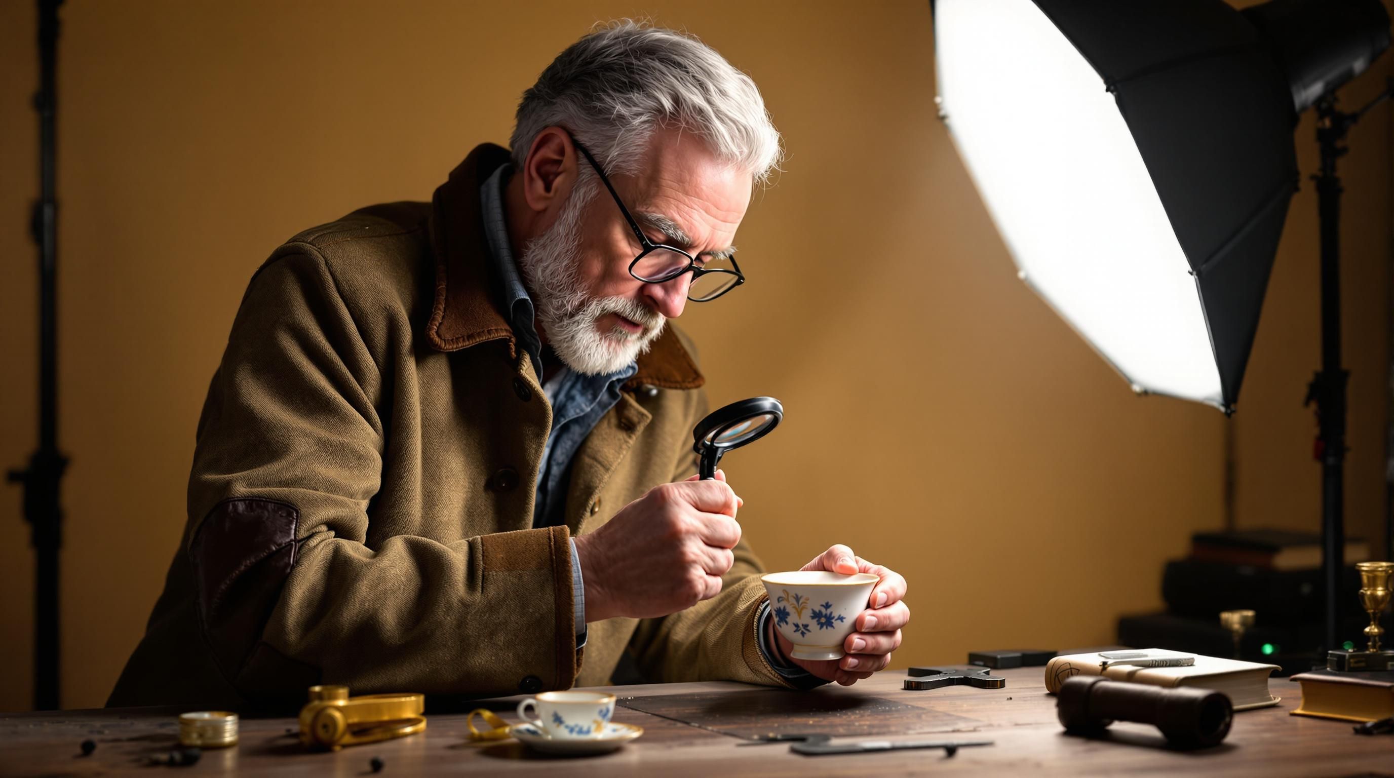 Professional antique appraiser examining a vintage item with magnifying glass for authenticity verification