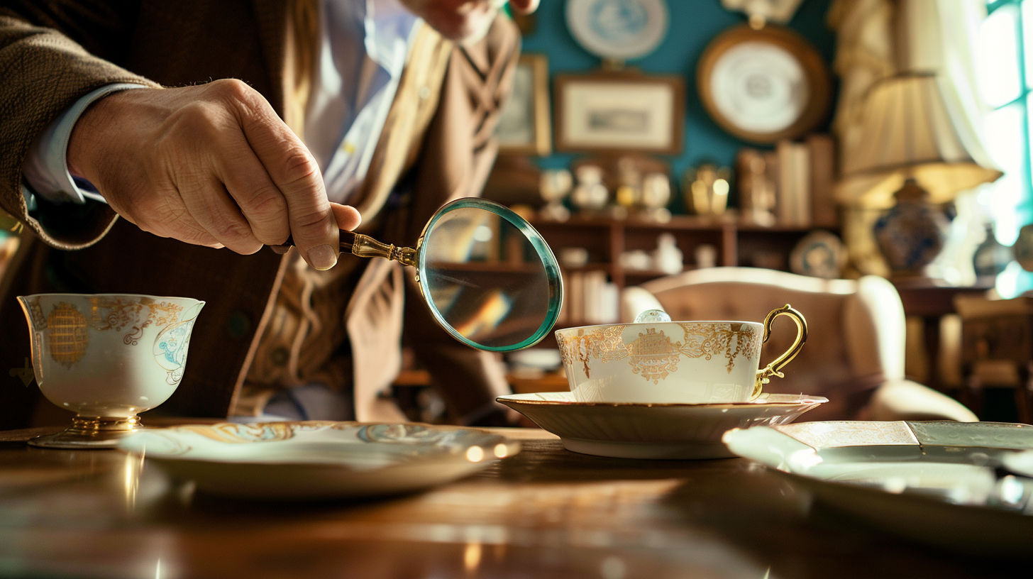 Professional appraiser examining antique collectibles with a magnifying glass for valuation