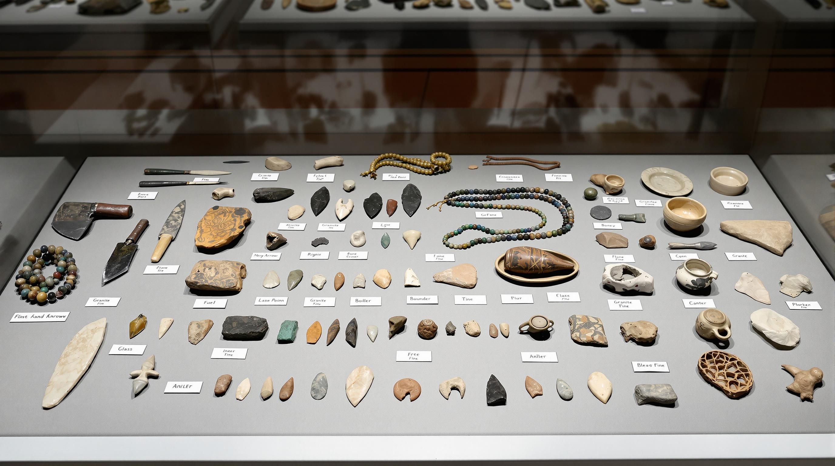 Selection of stone tools including projectile points, scrapers, and grinding implements