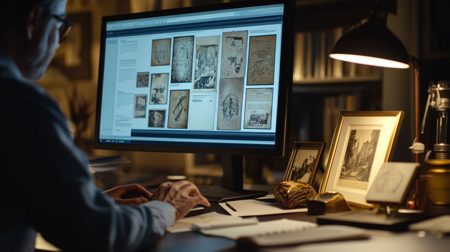 Close-up of an art appraiser examining condition details with tools