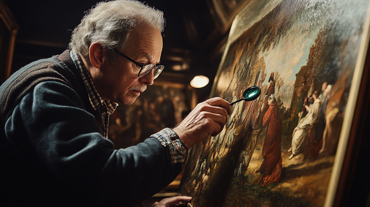 Professional art appraiser meticulously examining a valuable painting with specialized magnifying equipment