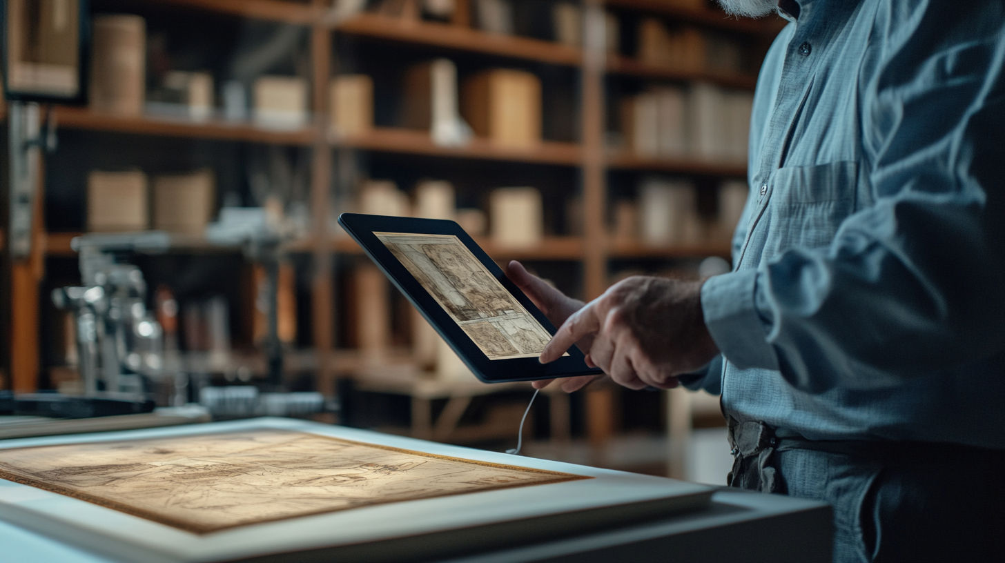 Art appraiser measuring and documenting an antique frame