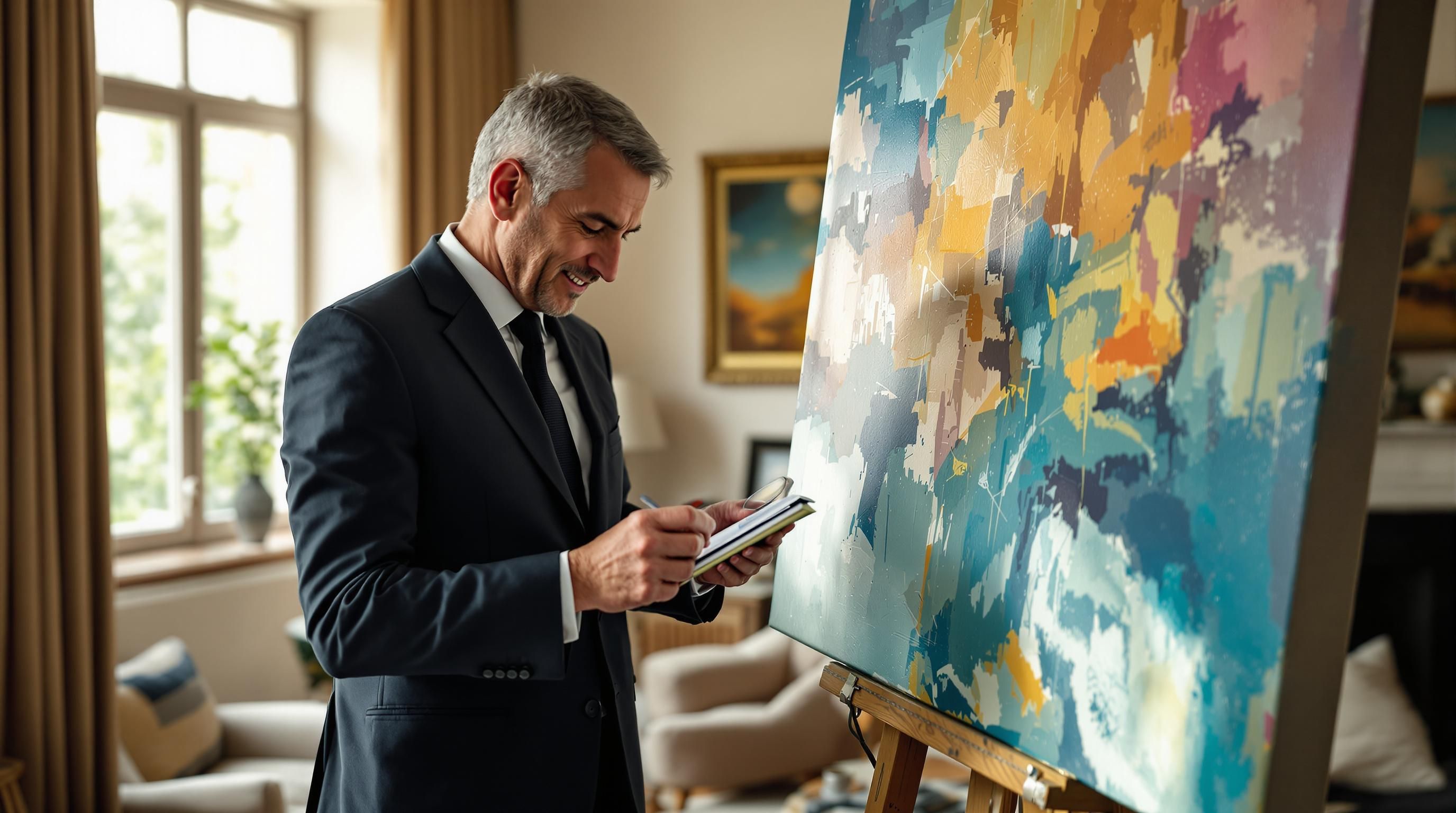 Investor analyzing art market data on computer with art investment portfolio