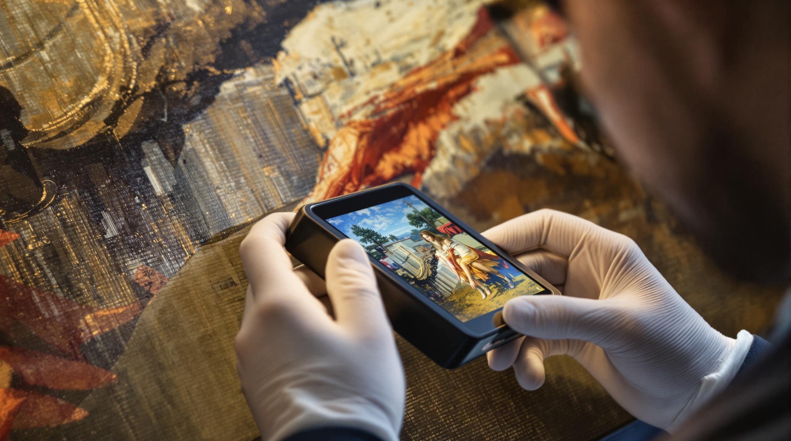 Art appraiser using specialized tools to examine artwork details