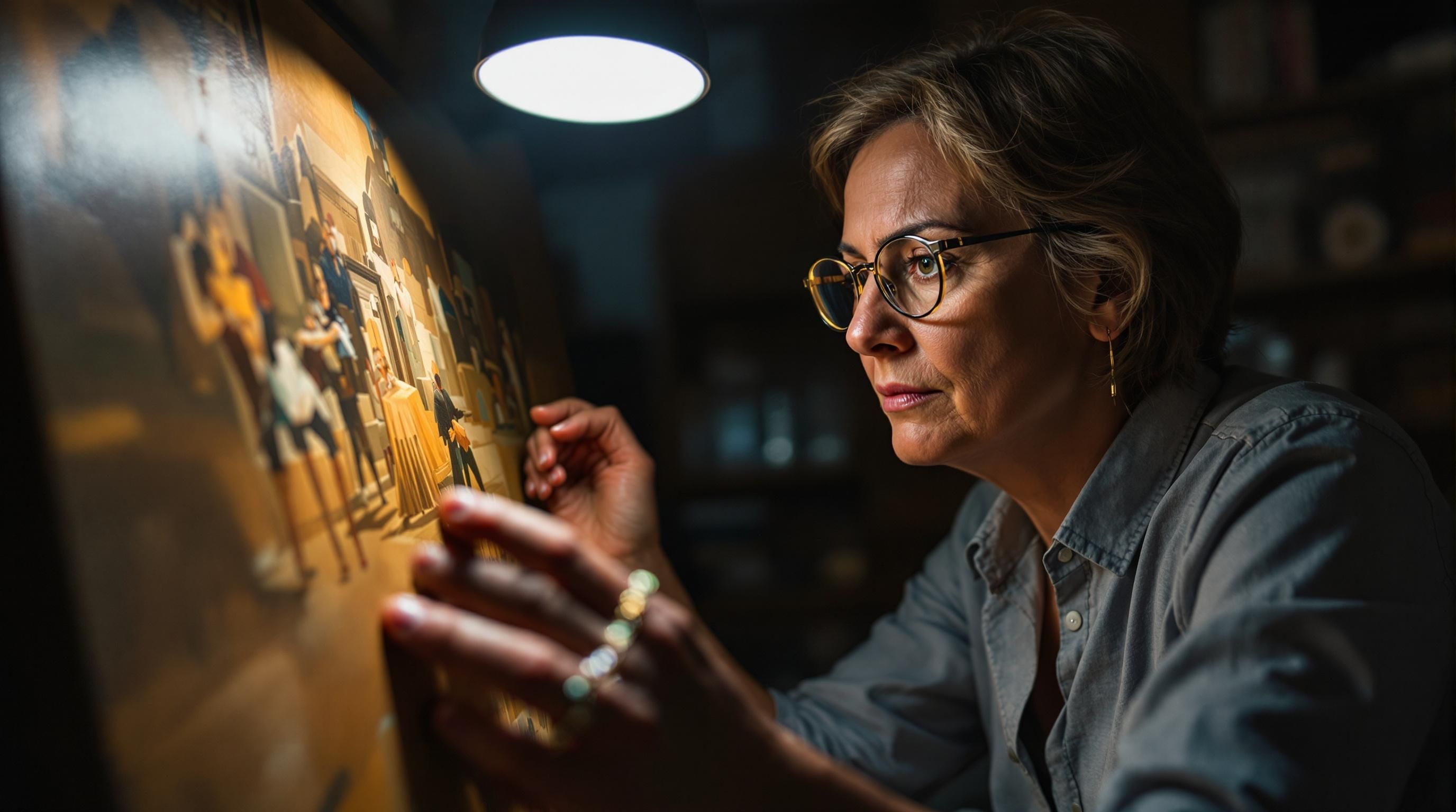Art dealer examining provenance documents for a painting