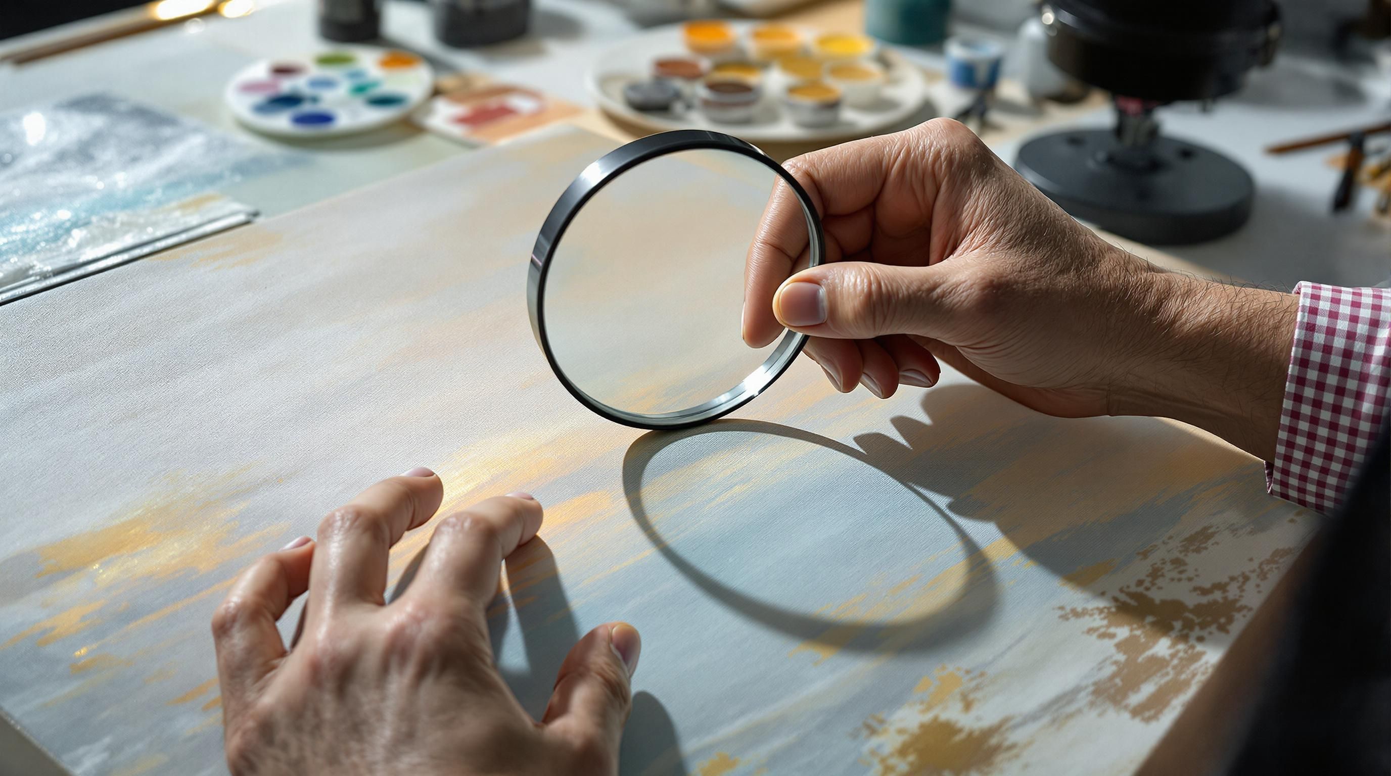 Art collector researching painting values at an auction preview