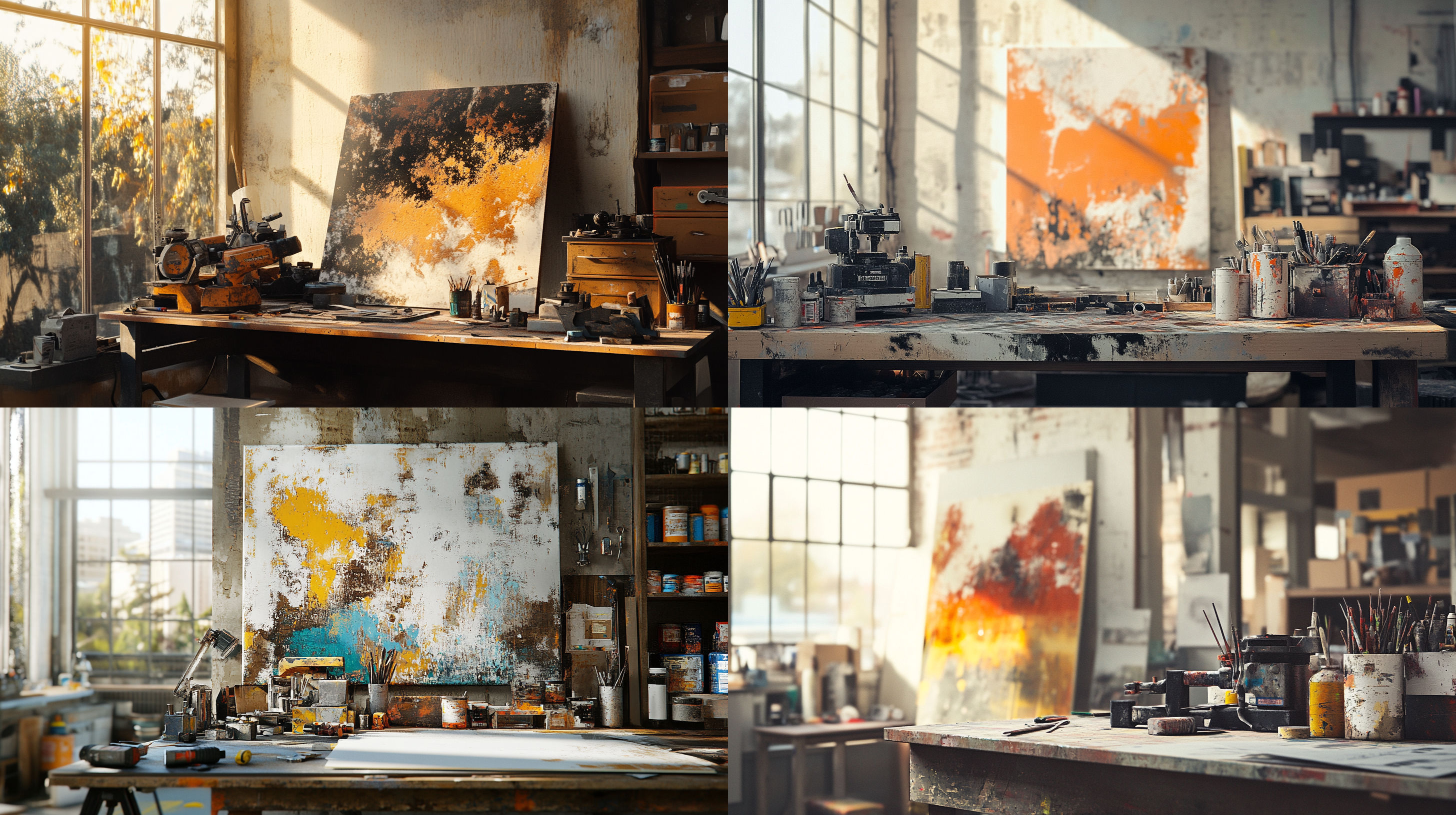 Artist's studio with metal sheets, power tools, and a partially finished DeRubeis-style artwork