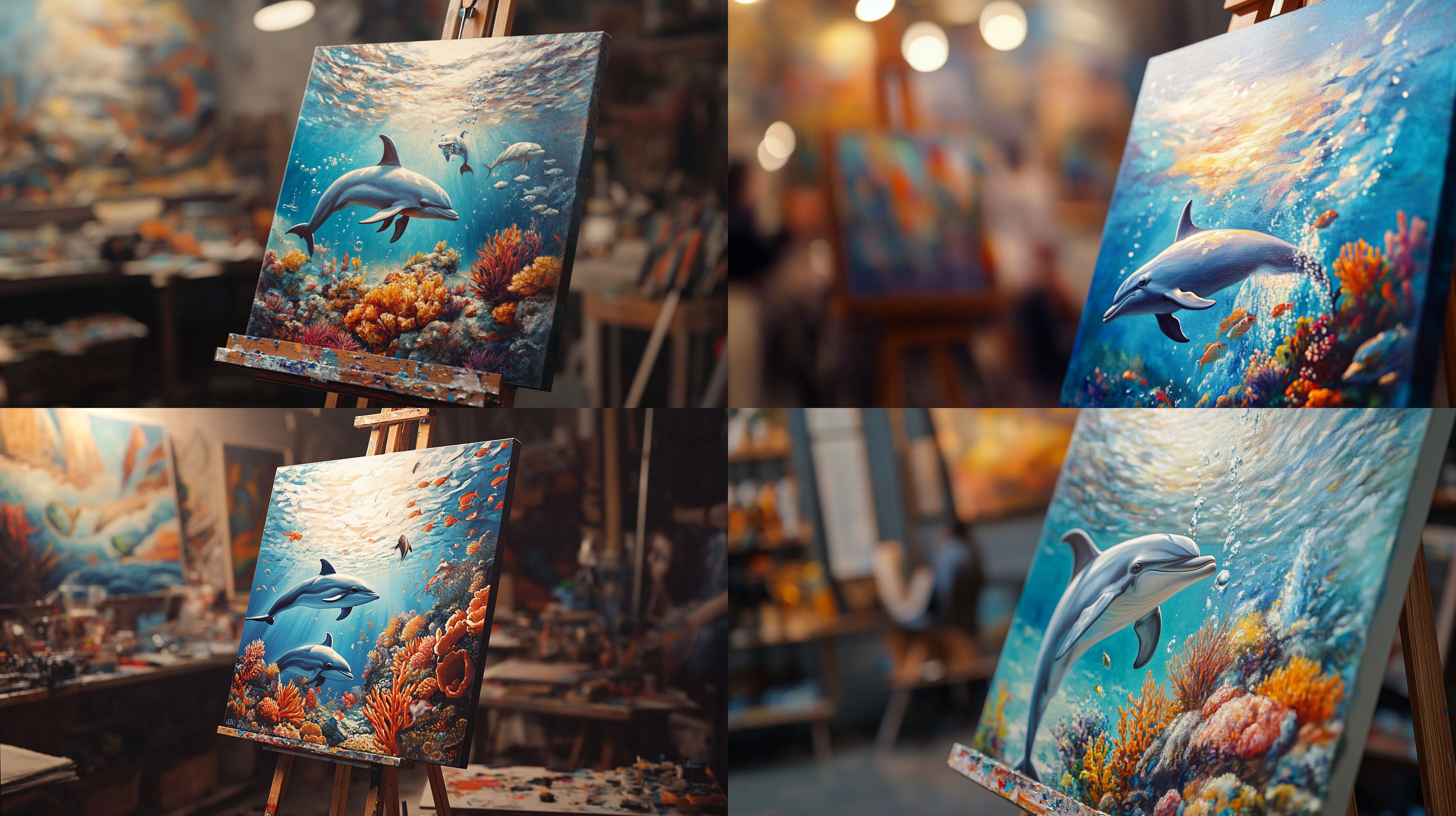 Christian Lassen original painting depicting vibrant underwater scene with dolphins