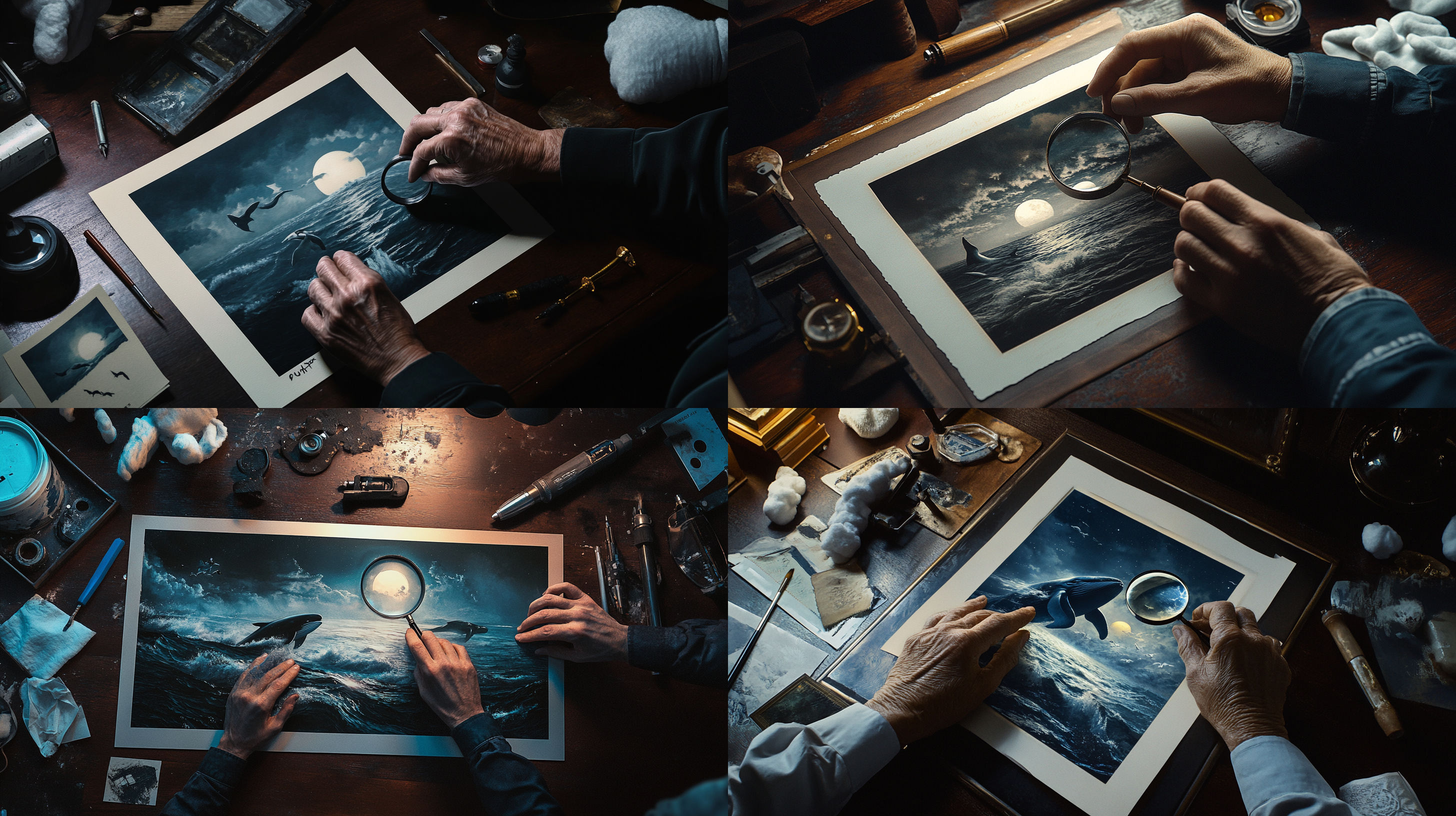 Art appraiser examining a Christian Lassen print with a magnifying glass