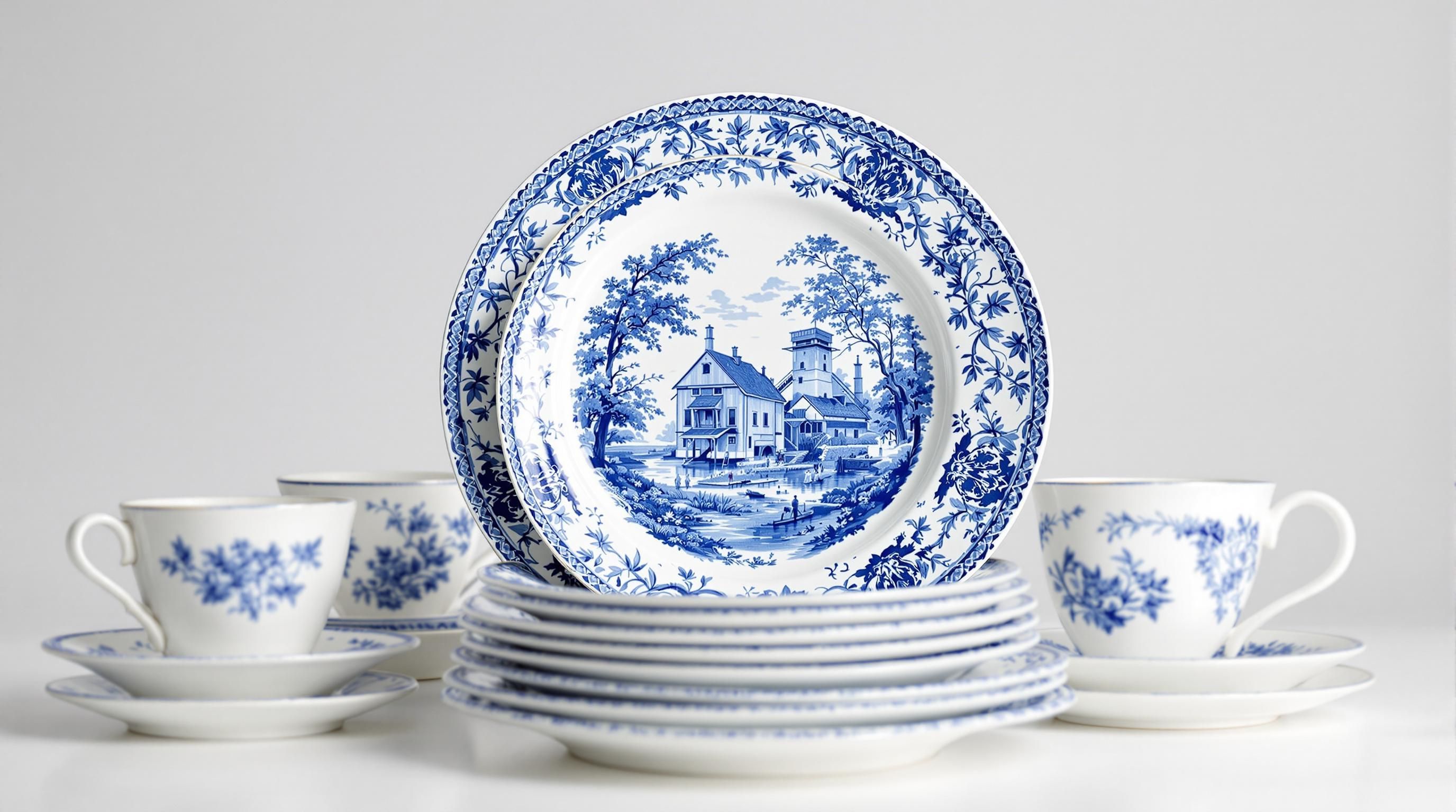 Close-up of blue and white Currier and Ives Old Grist Mill pattern detail