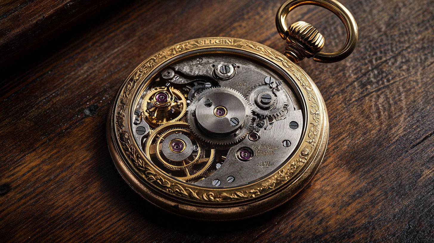 Close-up of an open Elgin antique pocket watch showing intricate movement