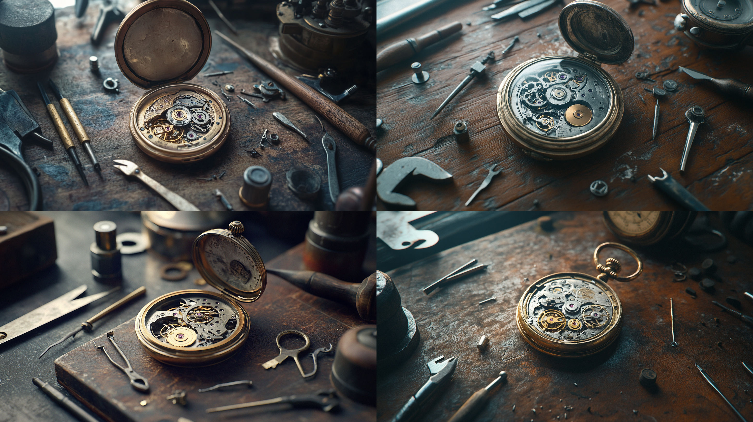Vintage Elgin pocket watch with watchmaker’s tools on a workbench