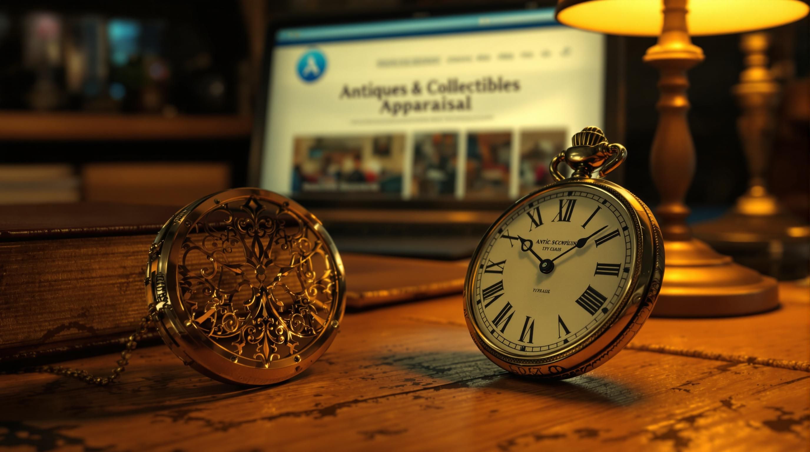 Vintage collectibles and antiques with laptop displaying free online appraisal website interface